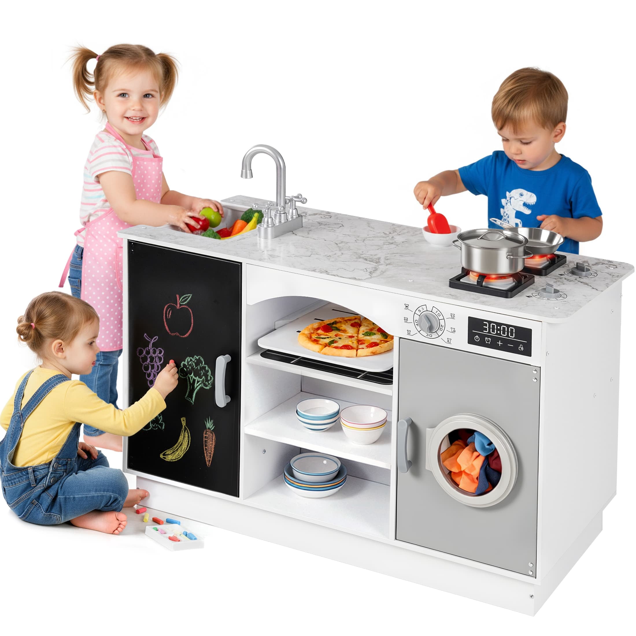 COCLUB Modern Wooden Play Kitchen Island for Kids, Pretend Play Center w/ Electronic Light & Sound Effects, Kids Kitchen Playset | Microwave, Washer, Ice Maker, Chalkboard & Accessories Included