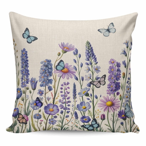 Purple Floral Pillow Covers 16x16 Inch Decorative Throw Pillow Cover, Spring Lavender Daisy Butterflies Botanical Beige Sofa Pillowcases Accent Cushion Case Home Decor Bedroom Living Room