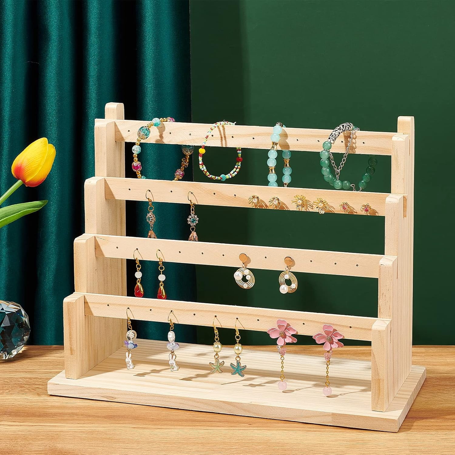 PH 4 Tier Jewelry Display Stand 48 Holes Wood Earring Holder Ear Stud Display Rack Dangle Earring Organizer Jewelry Hanging Holder Stand for Woman Earring Ear Stud Necklace Bracelets for DIY