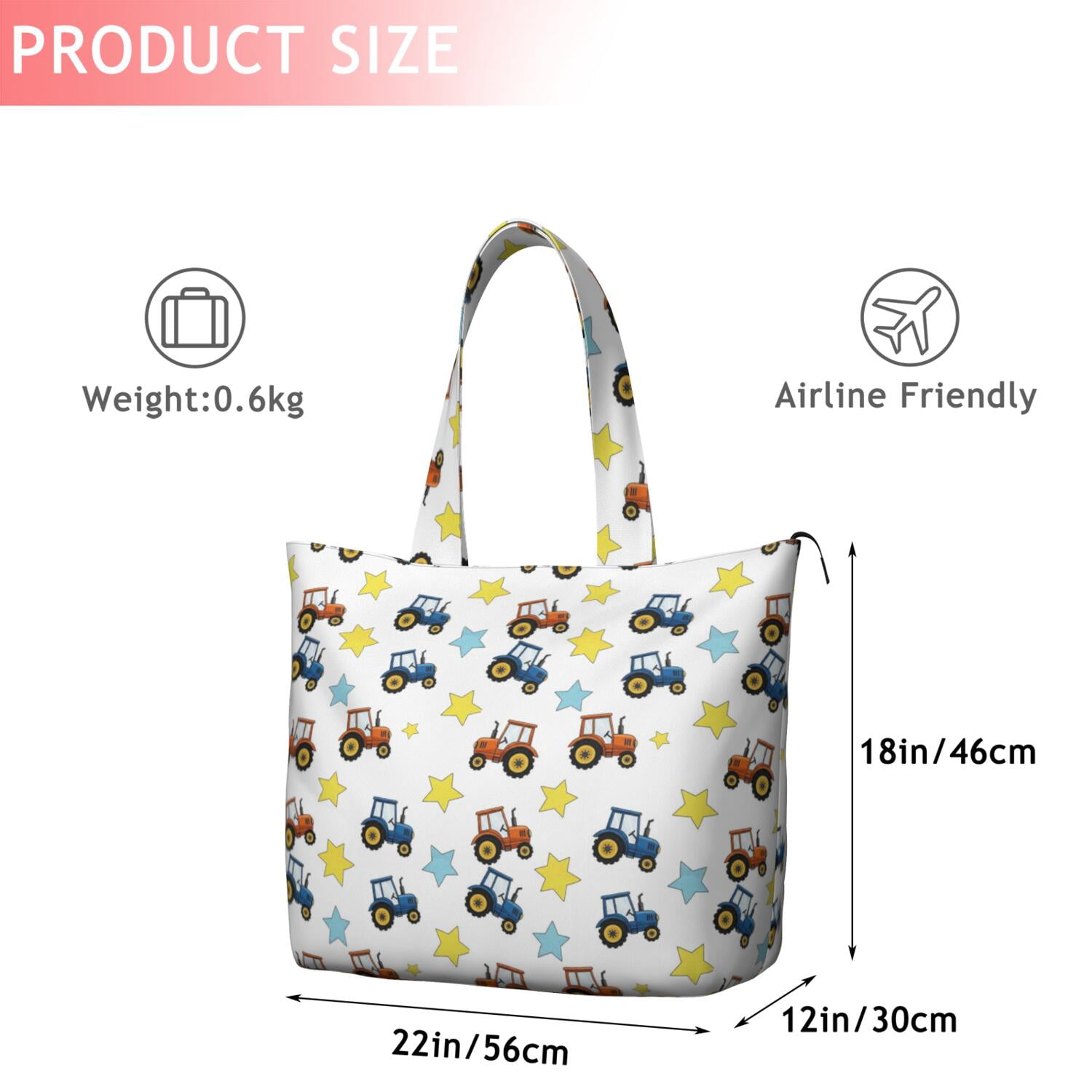 Cartoon Tractors Stars White Pattern Travel Tote Bags for Women Carry On,Large Weekender Bags for Women Travel,Multi Functional Duffle Bag for Work,Shopping,Sports