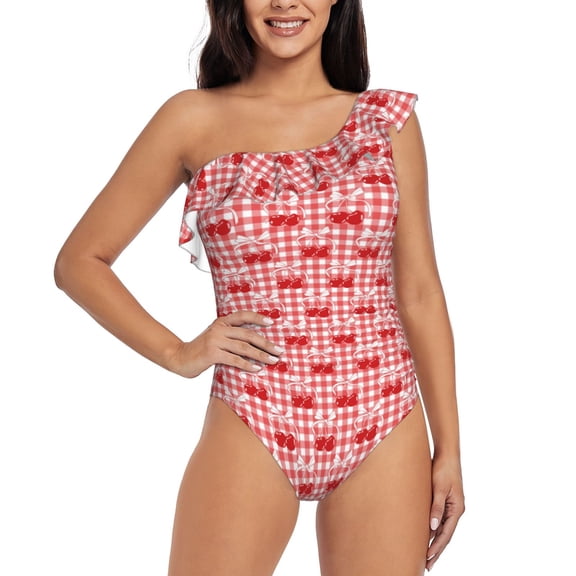 Rateoe Cherry Bow Pattern Women One Piece Swimsuits Tummy Control One Shoulder Bathing Suits Ruffle Swimwear-