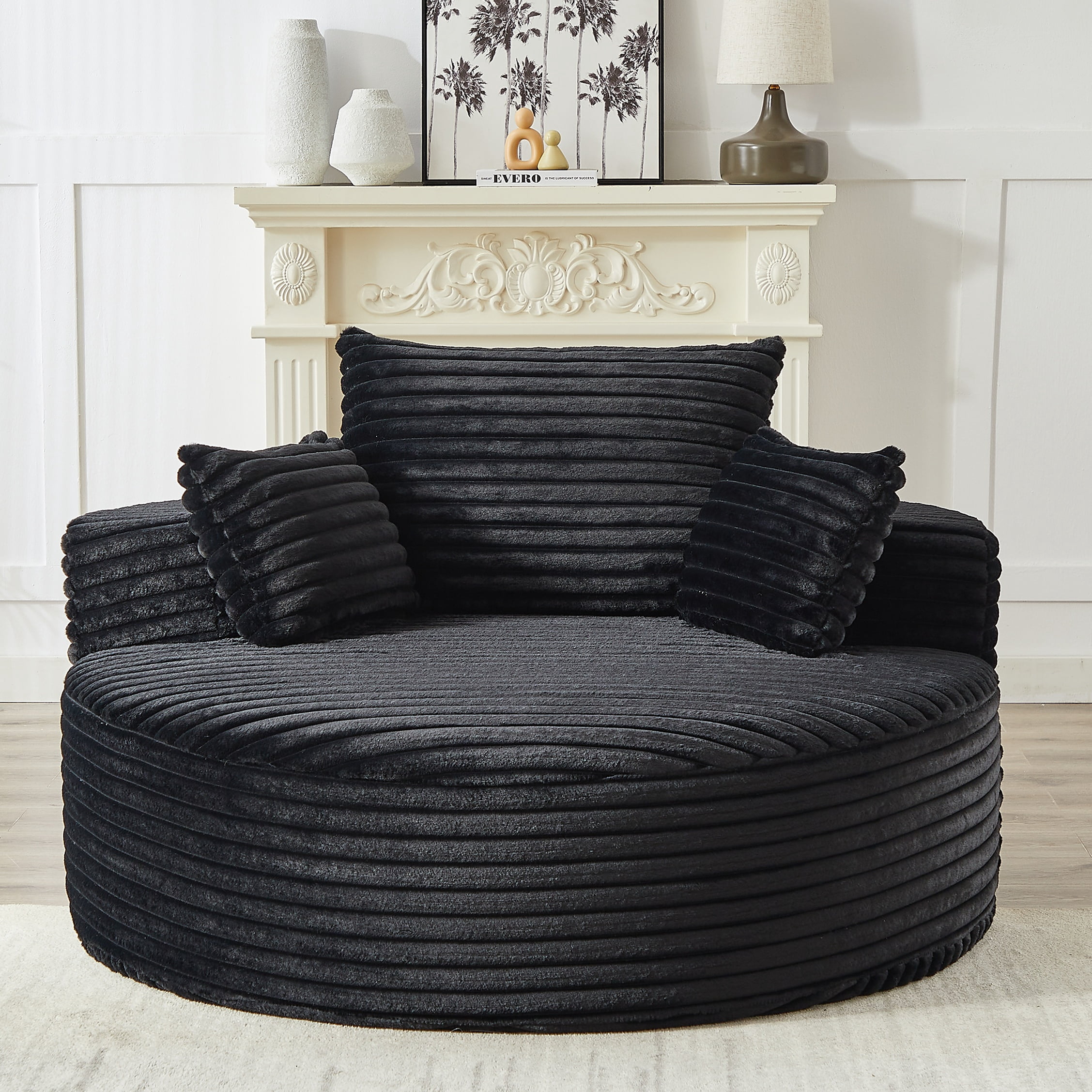 Aukfa 55" Oversized Round Chaise Lounge Chair Indoor, Corduroy Upholstered Sleeper Chair with Deep Seat & Pillows, Black