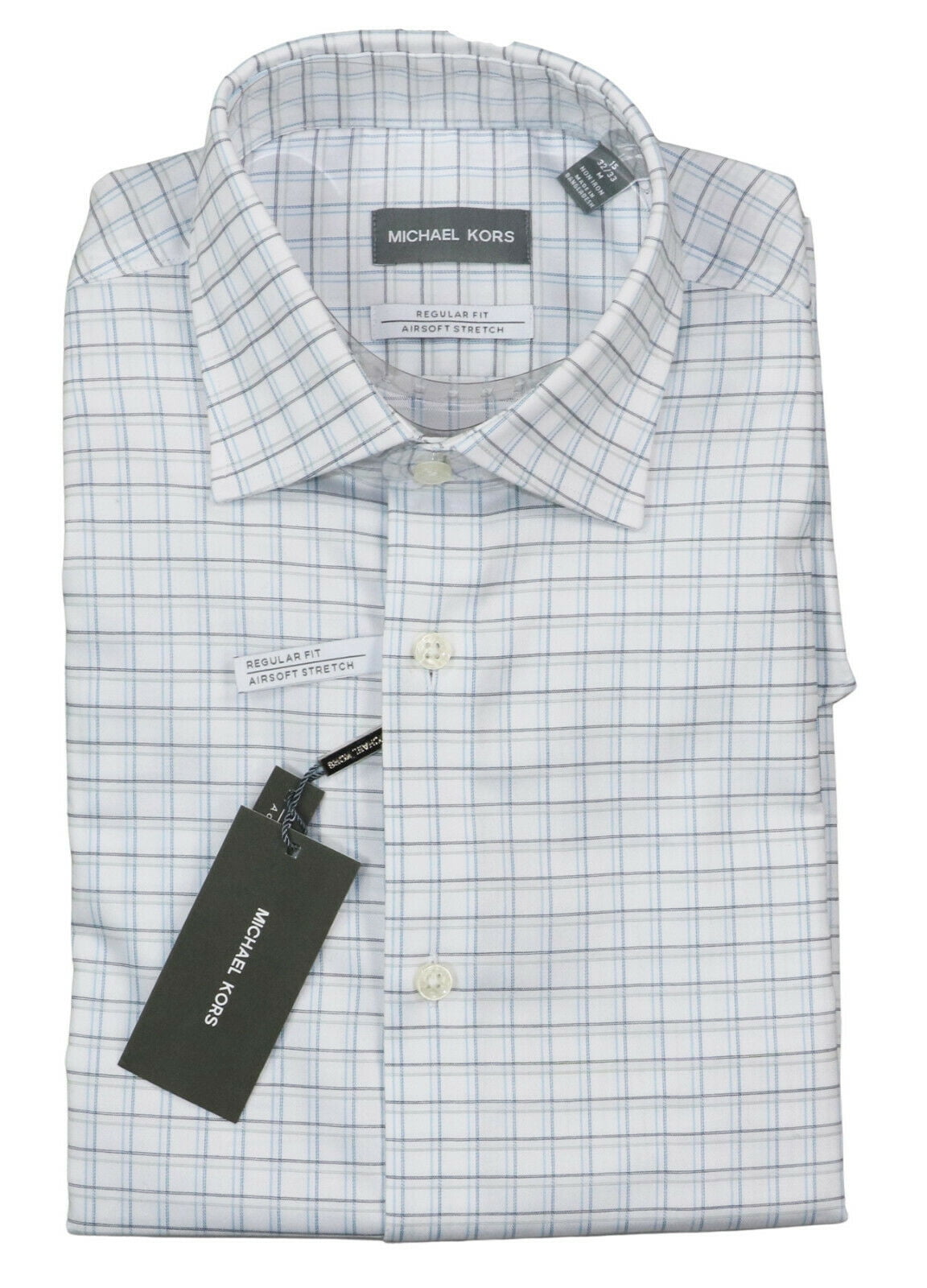 Michael Kors Mens Dress Shirt Light White Plaid Printed Blue 15 1/2
