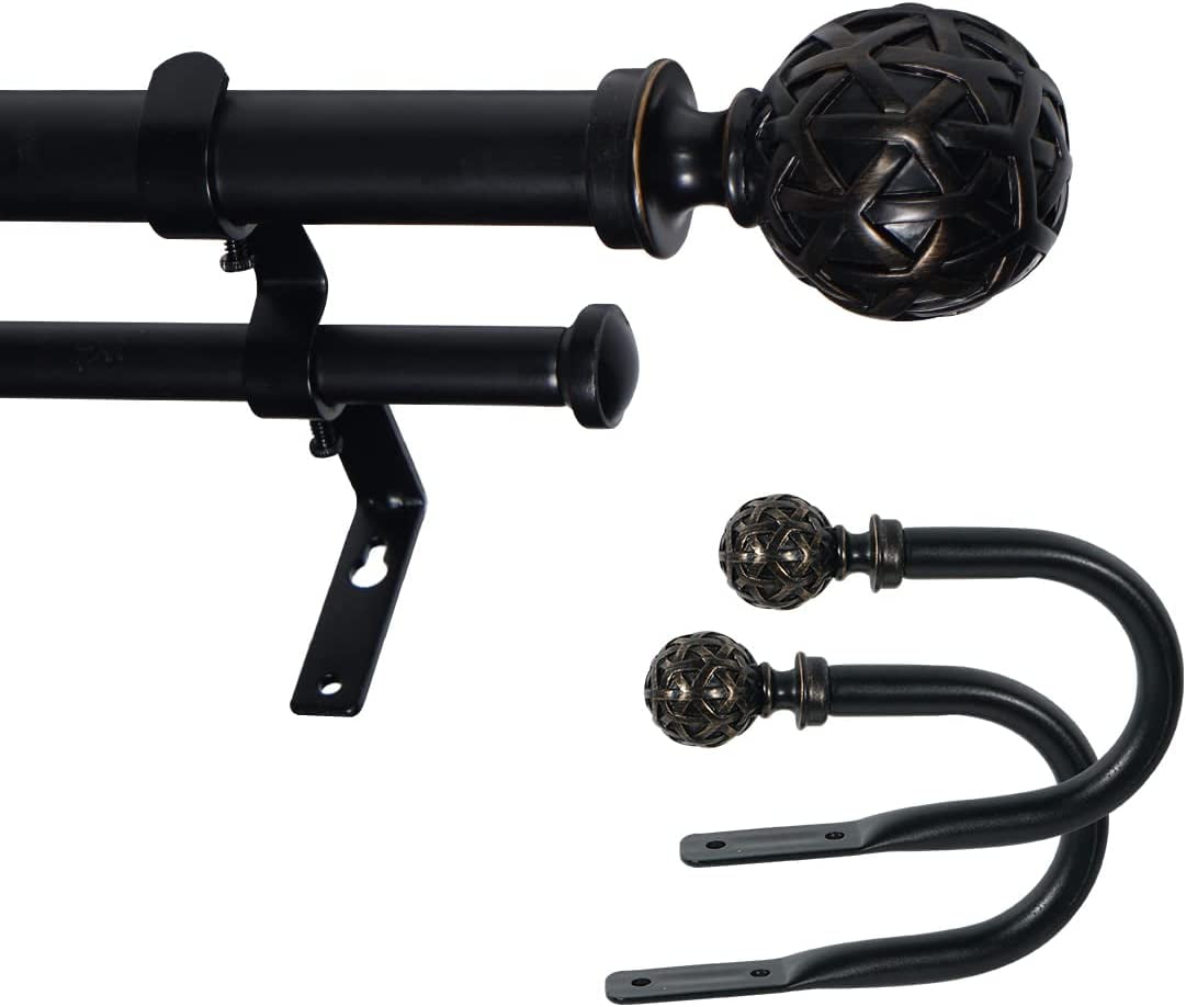 eTeckram 1" Double Curtain Rod with Geo Ball Finials and holdbacks(28''48'',Black Gold