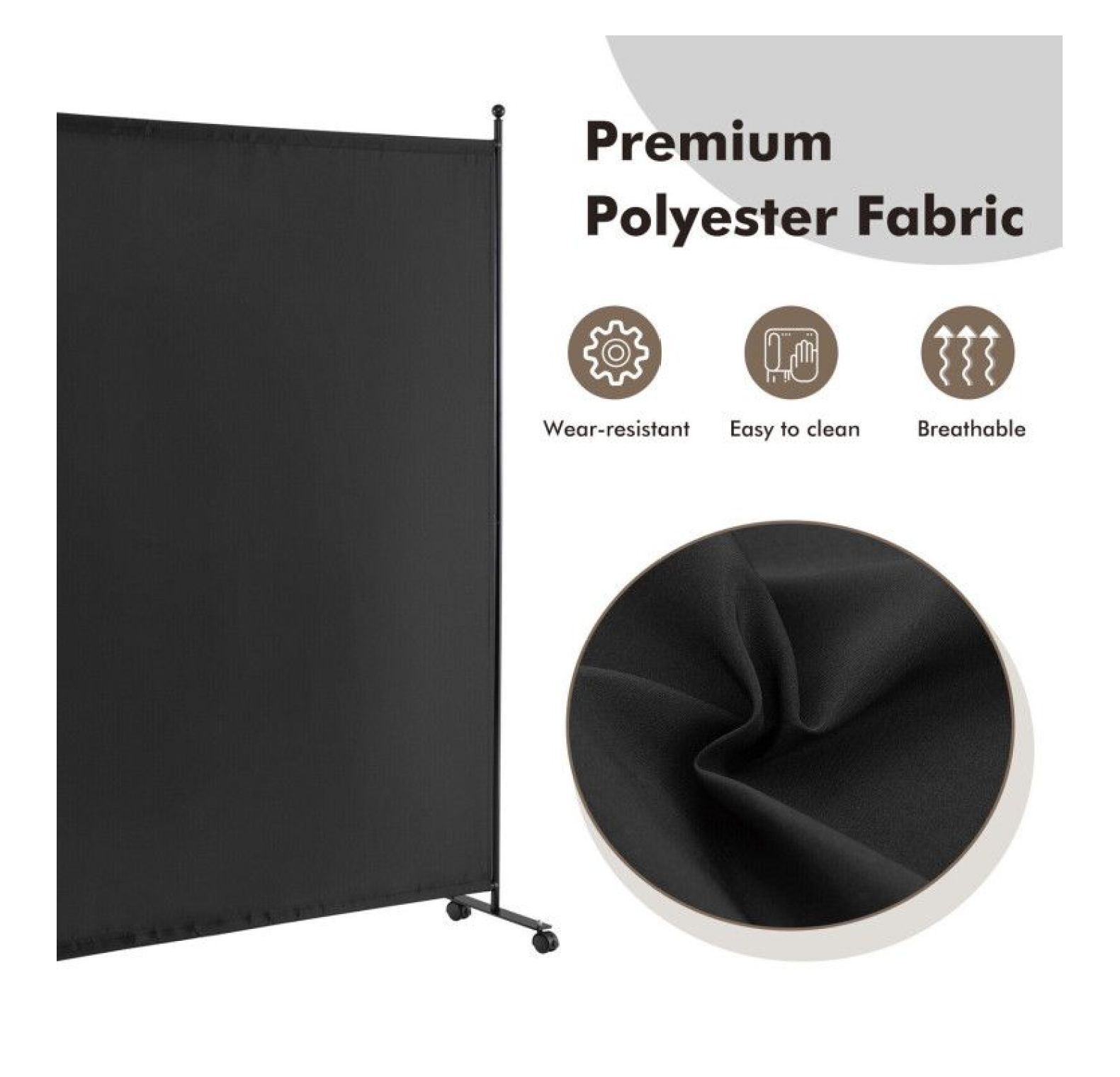 Yunken Single Panel Rolling Room Divider, 6 Ft Tall Portable Privacy Screen with Smooth Gliding Wheels