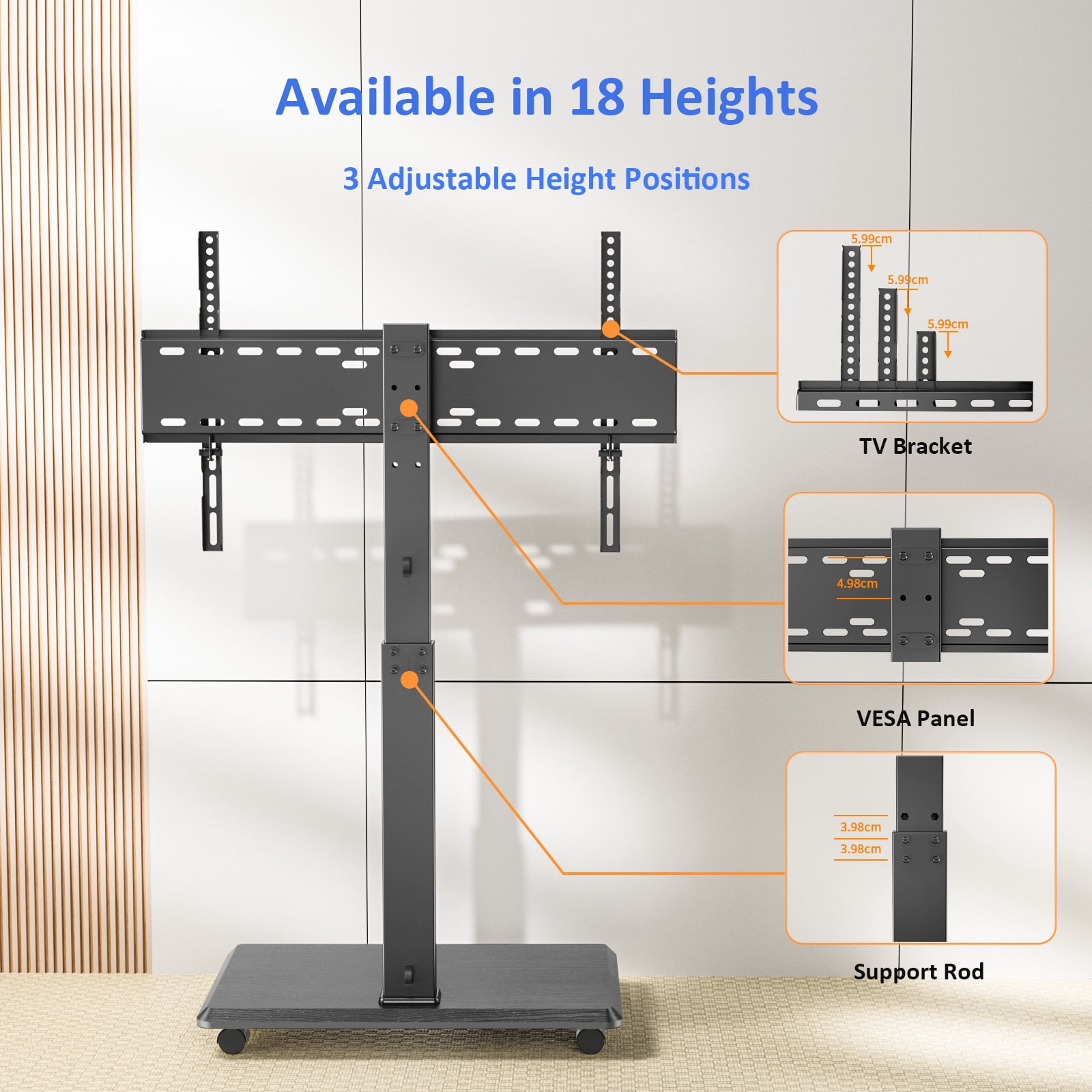 Rolling TV Stand, Portable Mobile TV Stand for 32-75 Inch TVs up to 110 lbs, 18 Adjustable Heights, Max VESA 600x400mm, Rolling TV Cart on Wheels with Mount for Bedroom, Office, Outdoor