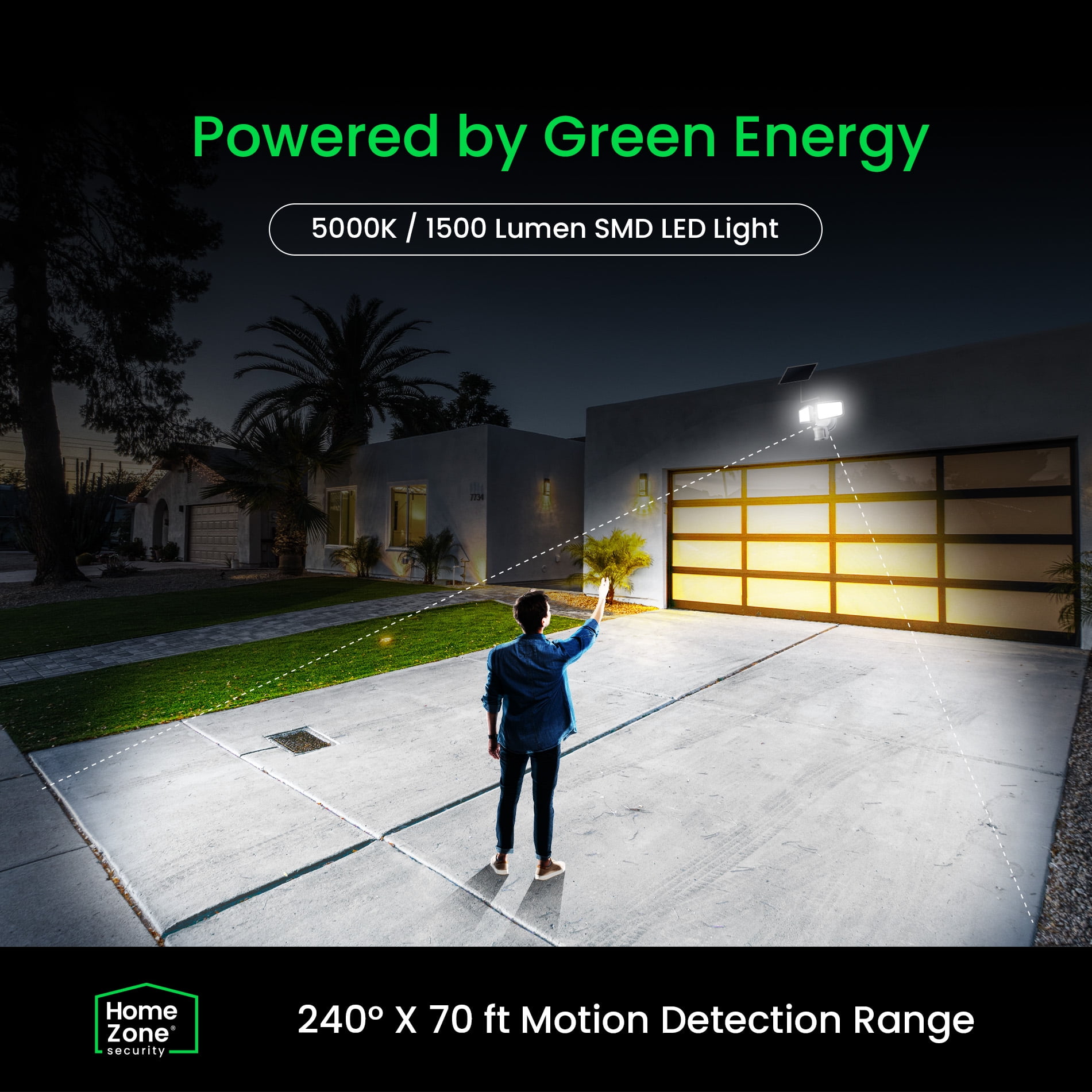 Home Zone Security Solar Flood Light w/ Mini Solar Panel - 1500 Lumens, 5000K, Linkable, White, 2-Pack