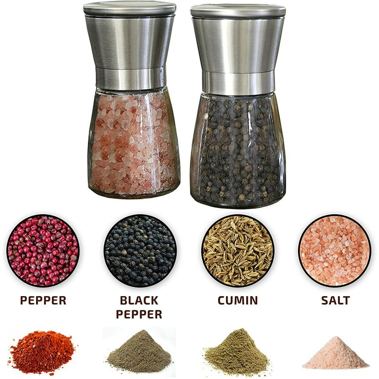 Deluxe Salt & Pepper Grinder with Stand | Peppermill - Dual Spice Mill Set with Adjustable Coarseness | Stainless Steel Seasoning Dispenser | Easy