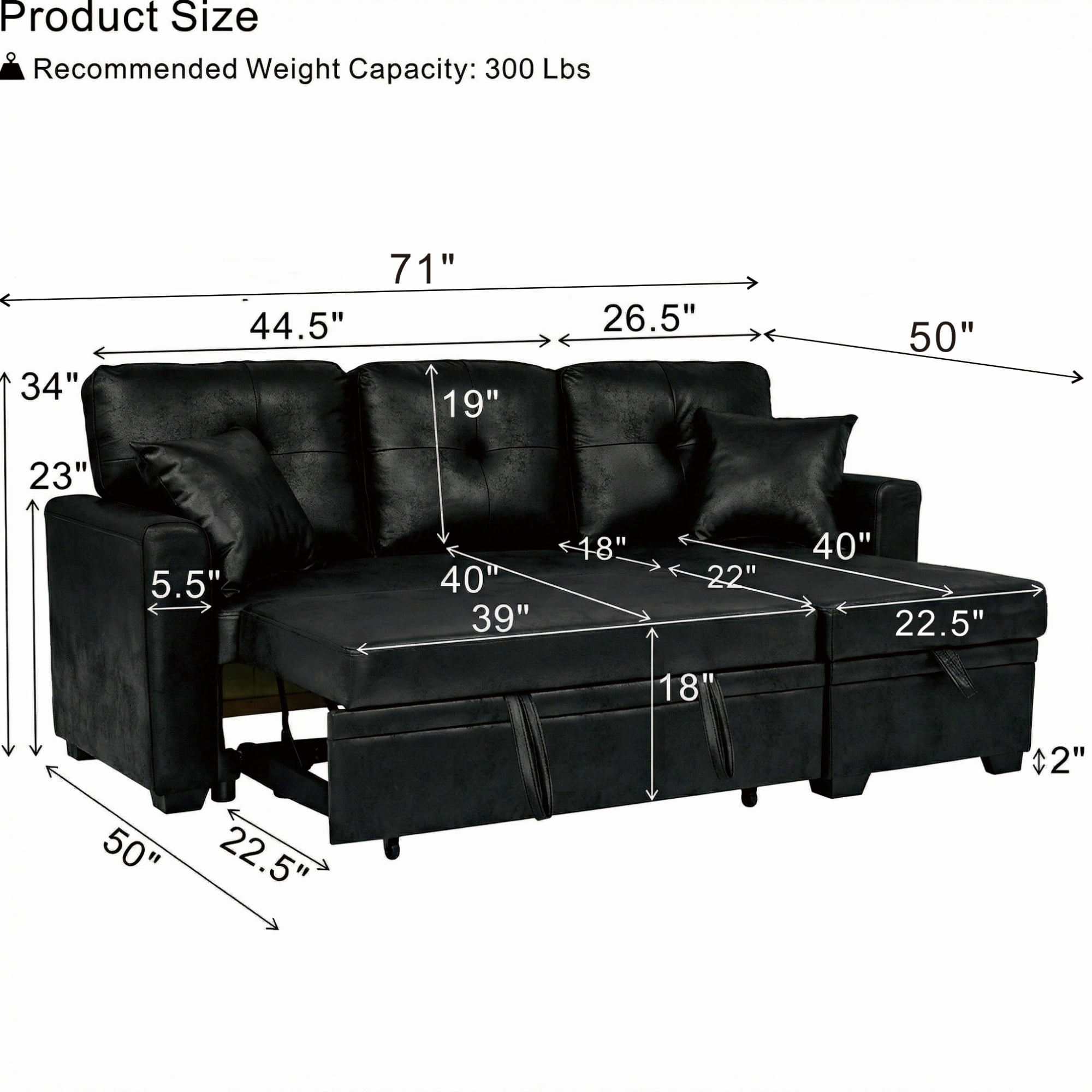 Pull-Out Convertible PU Leather Sectional Sofa Set with Reversible Chaise Lounge, Sleeper Loveseat Couch with Hidden Storage