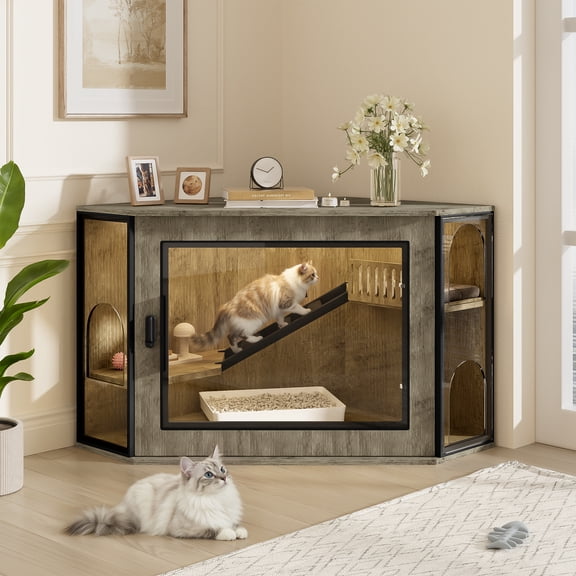 Eyisean 48" Hidden Corner Cat Litter Box Cabinet, Modern Kitty Litter Box Enclosure Furniture with Acrylic Door & LED, Small Space Wood Cat House with Playground & Stair, Side Table for Living Room