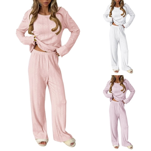 Ovafbau Women Long Sleeve Sleepwear Pajama Set Womens Knit Long Sleeve Pajama Set Sleepwear Women Pajamas