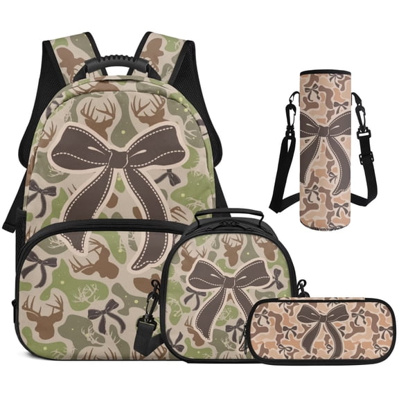 HUIACONG Deer Camo Brown Bow Kids Backpack Set for Girls with Lunch Box Insulated Water Bottle 4Pcs Backpack and Water Bottle Cover with Padded Strap for Girl Kid Students Elementary School Age 6-12