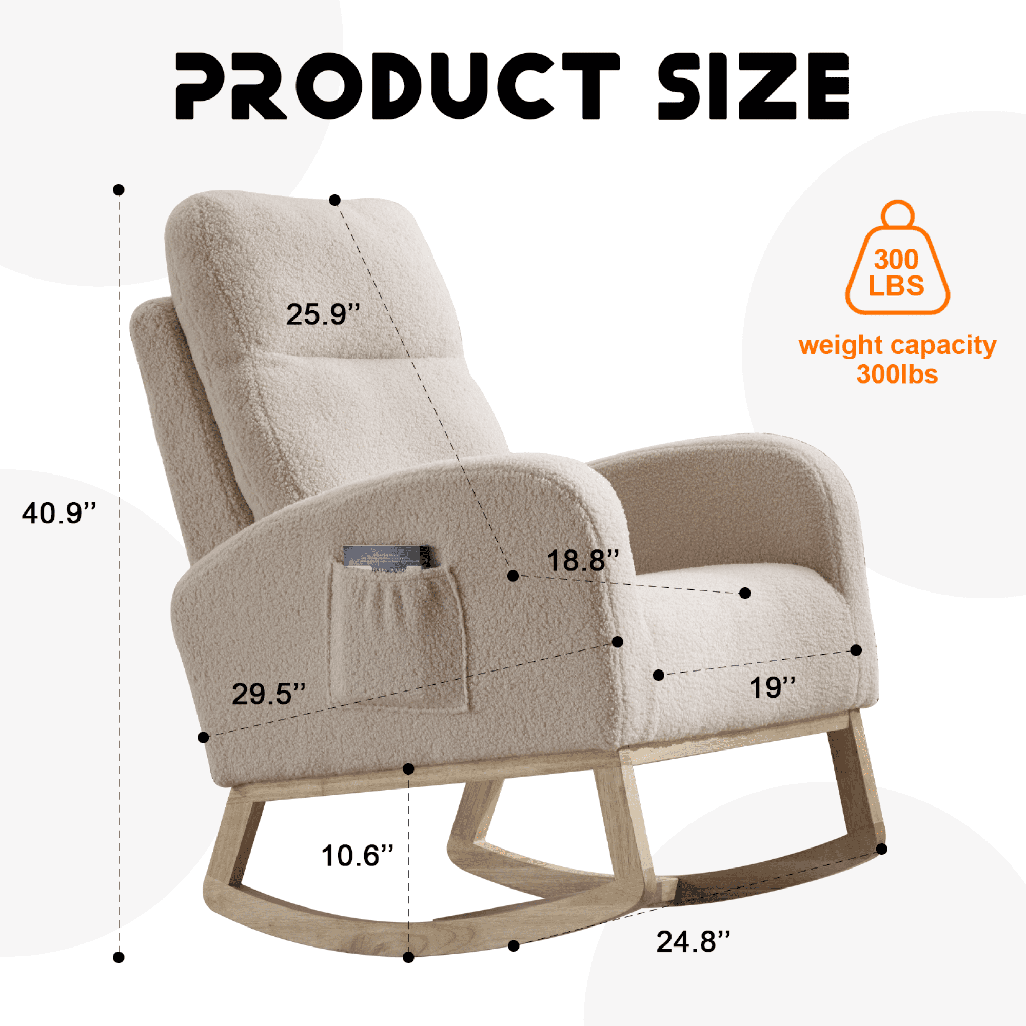 Leumius Rocking Chair Nursery, Teddy Fleece Upholstered Glider Rocker Chairs w/ Curved Solid Wood Base & Side Pocket,Modern High Backrest Nursing Accent Rockers for Living Room, Bedroom,Beige