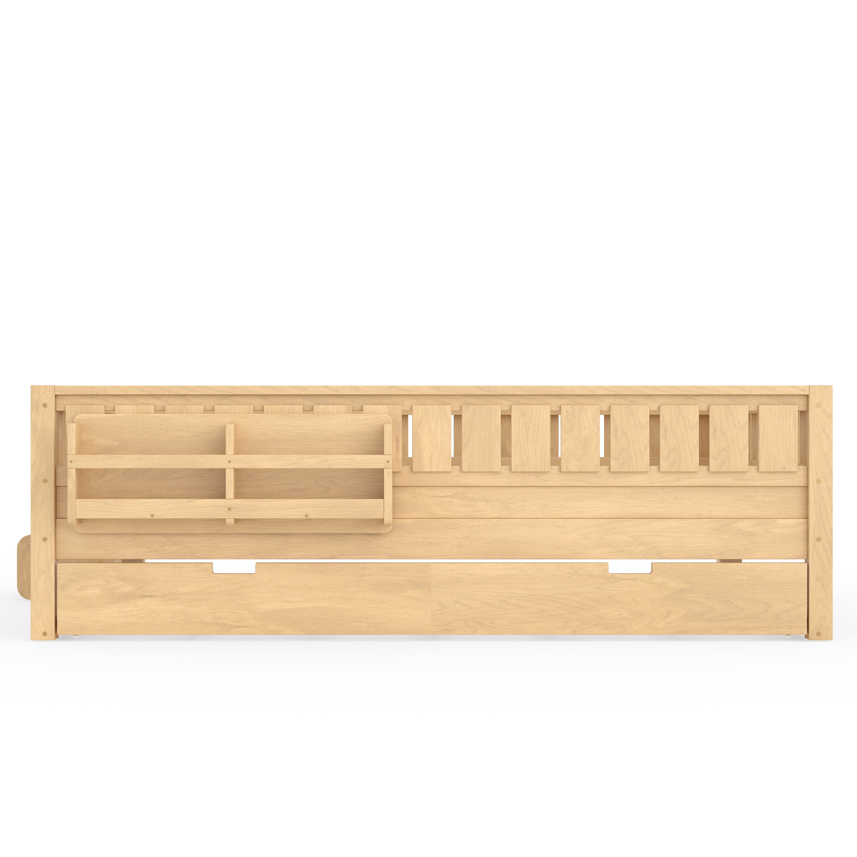 Queen Bed with Bookshelf and Trundle 83.8 Inch, Solid Wood Frame with Staircase and Safety Rails, Space-Saving Kids Bed with Storage, Light Natural