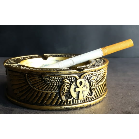 Egyptian Hieroglyphs Ankh Dual Cobra Winged Scarab Ashtray Figurine 4"Diameter