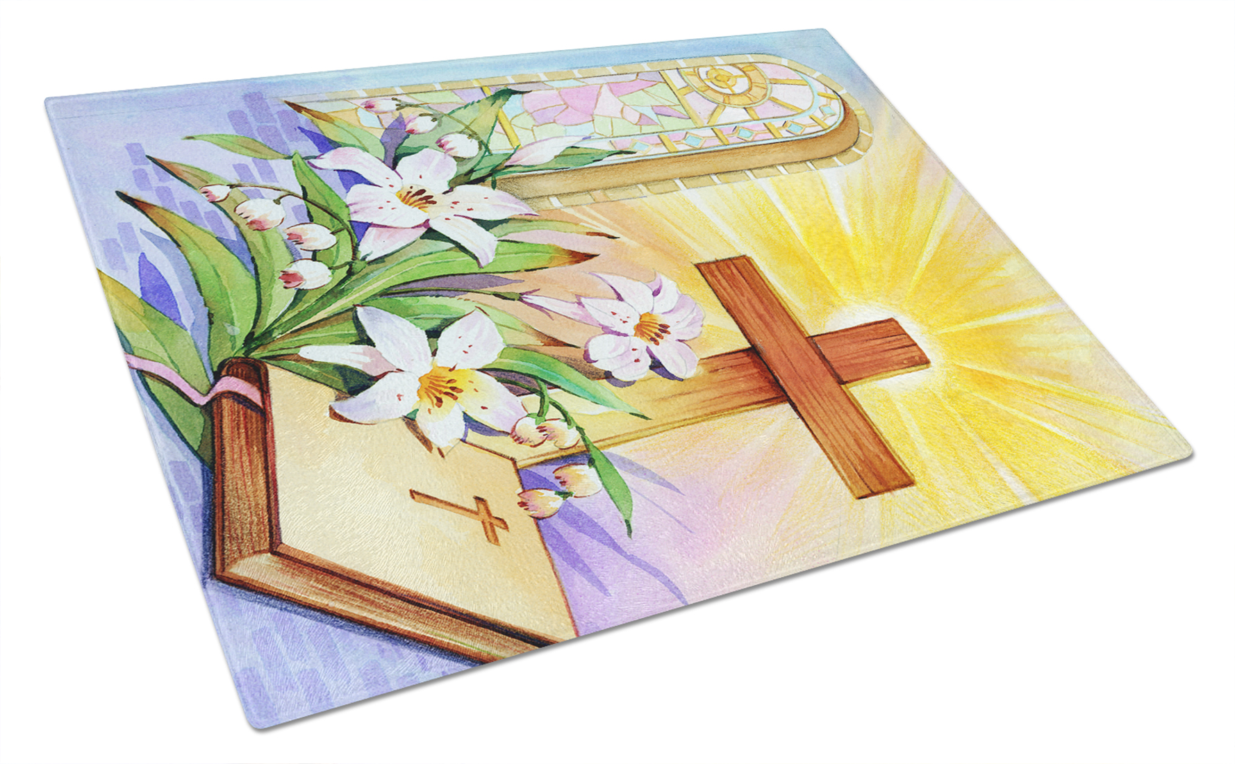 Easter Cross and Bible in Stain Glass Window Glass Cutting Board Large