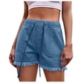 thumbnail image 2 of Royisotas Summer Womens Shorts Casual Elastic Waist Drawstring Jean Shorts Solid Color Denim Tassel Women Plus Size Shorts, 2 of 5