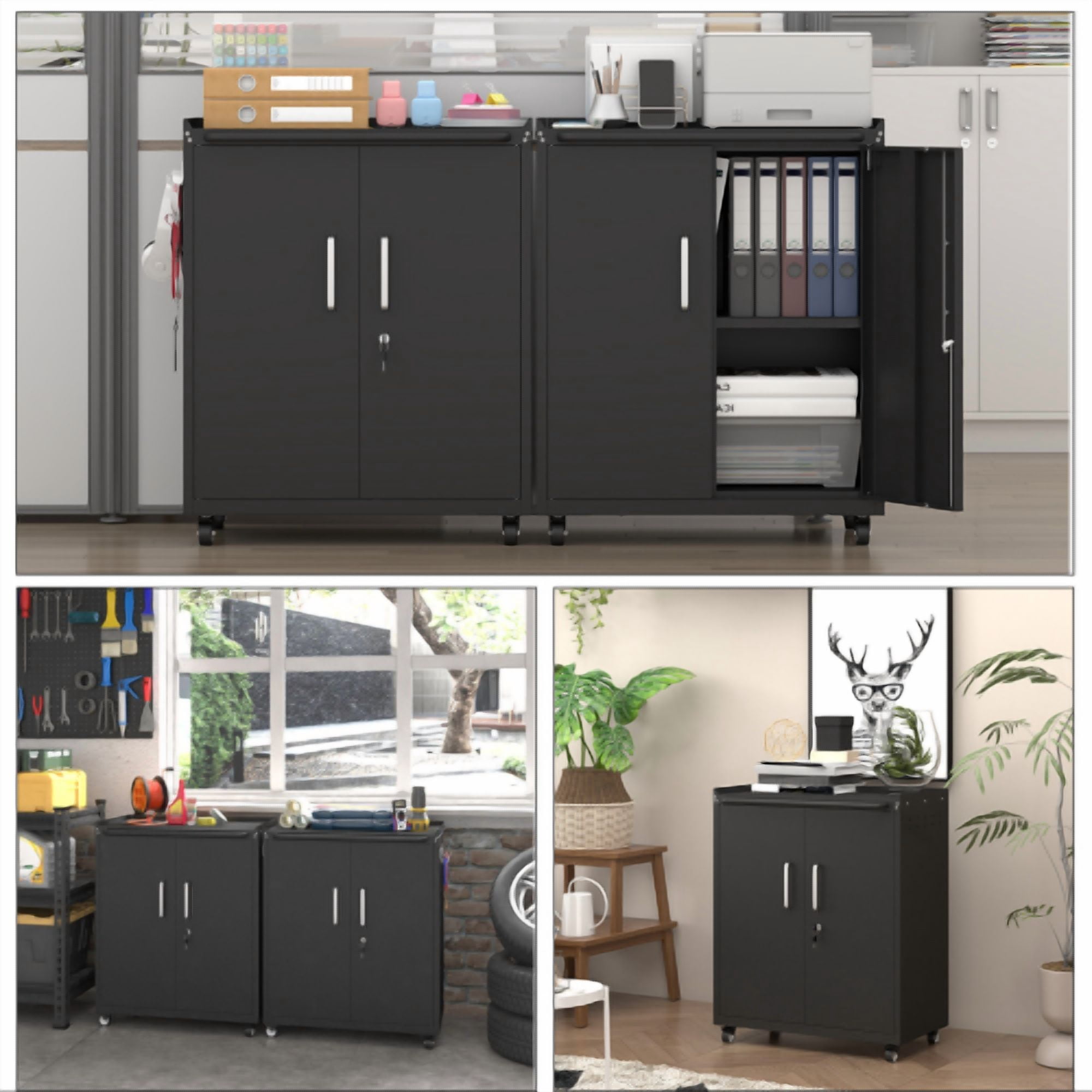 Heavy-Duty Rolling Metal Storage Cabinet with Lock & 2 Keys, Mobile Steel Tool Locker, 360° Silent Casters, Adjustable Shelf, Side Hooks & Top Guardrail for Garage, Kitchen, Entryway