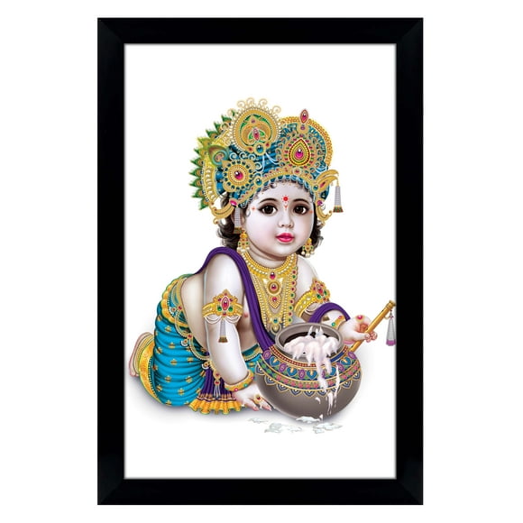 IBA Indianbeautifulart Makhan Chor Baby Krishna Picture Frame Religious Poster Black Wall Frame Deity Photo Frame Wall Decor For Home/ Office/ Temple-6 x 8 Inches