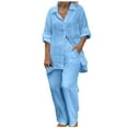 thumbnail image 3 of BiZtdJrK Cotton Linen Solid Casual Sets for Women Asjustable Sleeve Button Down Blouse Tops and Pants Set Summer Work 2 Piece Outfits with Pockets, 3 of 9