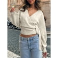 thumbnail image 6 of Women'S V Neck Wrap Sweater Long Lantern Sleeve Cinched Waist Crop Tops Fall Knitwear Wheat Color M, 6 of 9