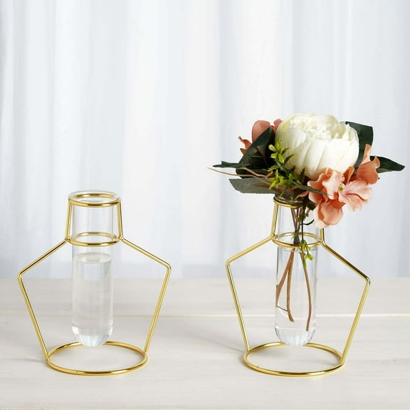 Efavormart Set of 2 - 6.5" Vase Shaped Gold Metal Flower Stand with Clear Glass Test Tube Vase, Geometric Vase for Wedding, Birthday, Party, Events, Home, Table, Centerpieces Decorations