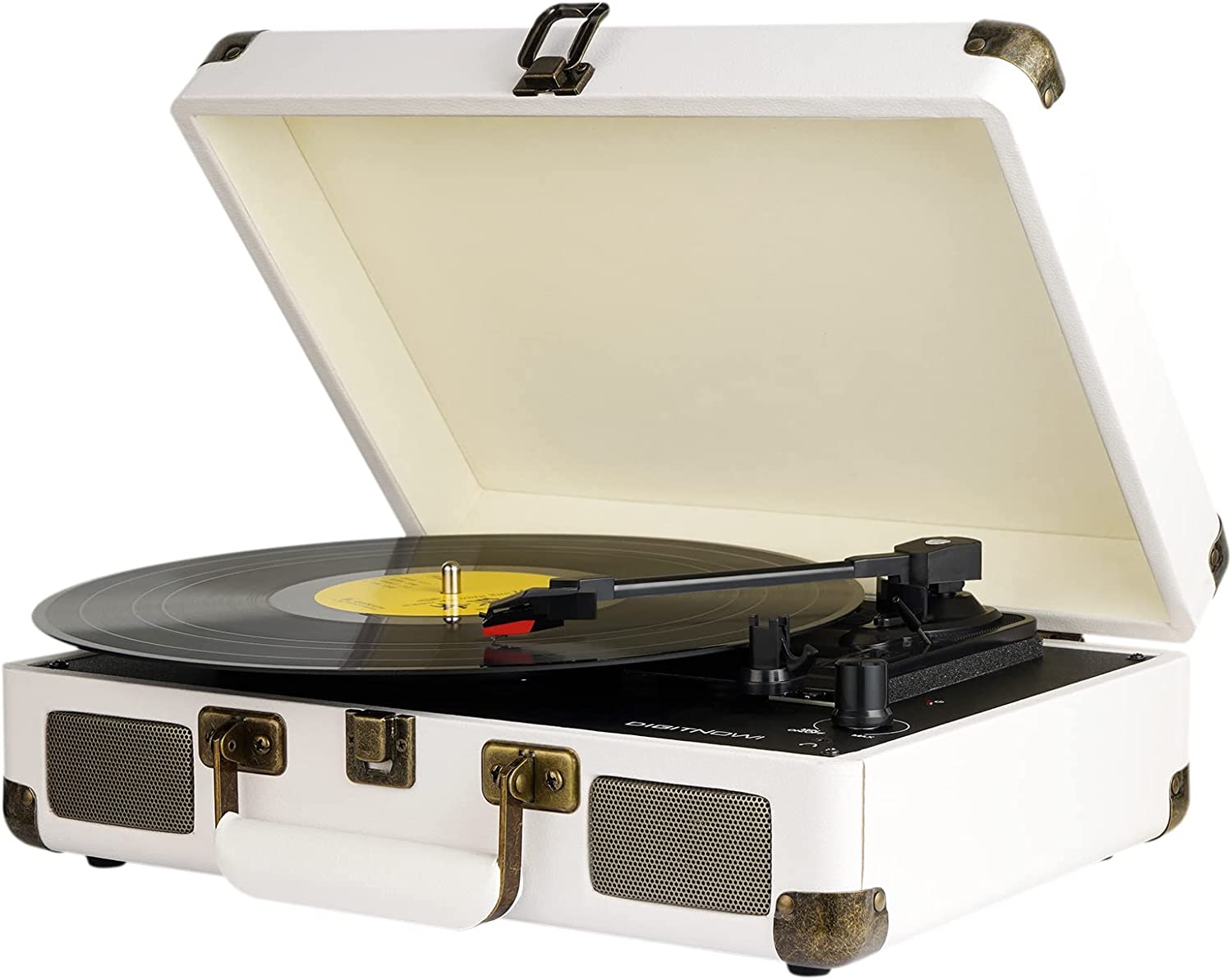 DIGITNOW Turntable Record Player 3 Speeds with Built-in Stereo Speakers, Suitcase Design - White