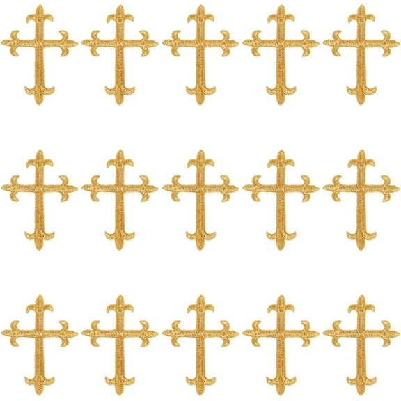 Polyester Metallic Thread Embroidery Applique Patch Sewing Craft Decoration Religion Cross golden 96x72x1mm