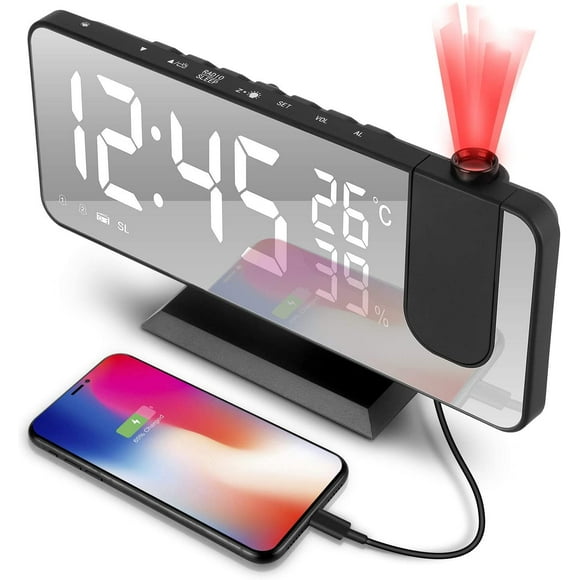 Led Digital Alarm Clock With Projection 180 °, Radio Alarm Clock With Usb Connection, Large Led Display, Snooze Dual Alarm, 4 Projection Brightness With Automatic Dimmer