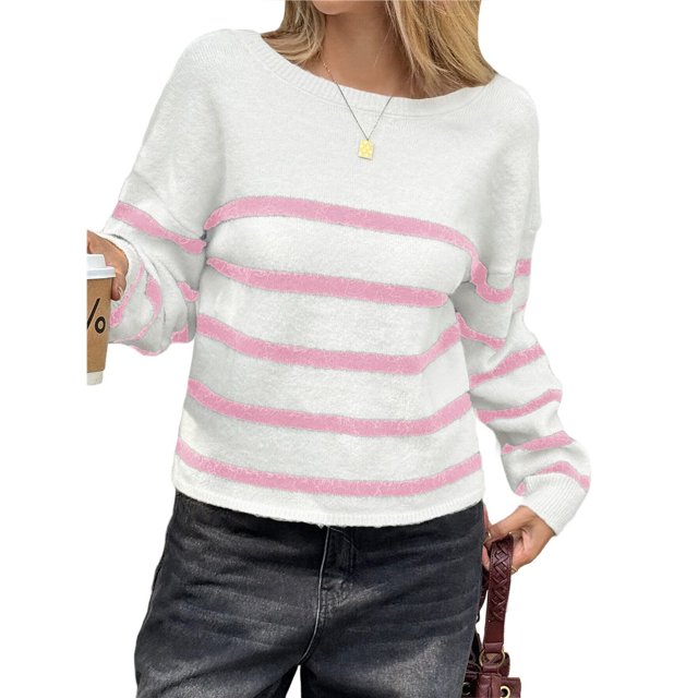 Suéter Corto de Cuello Redondo para Mujer, Larga, Tejido Grueso, Estilo Jersey, Ideal para Otoño Rosa y L