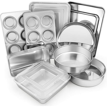 

12-Piece Stainless Steel Bakeware Sets Metal Baking Pan Set Include Round Cake Pans Square/Rectangle Baking Pans with Lids Cookie Sheet Loaf/Muffin/Pizza Pan Non-toxic & Dishwasher Safe