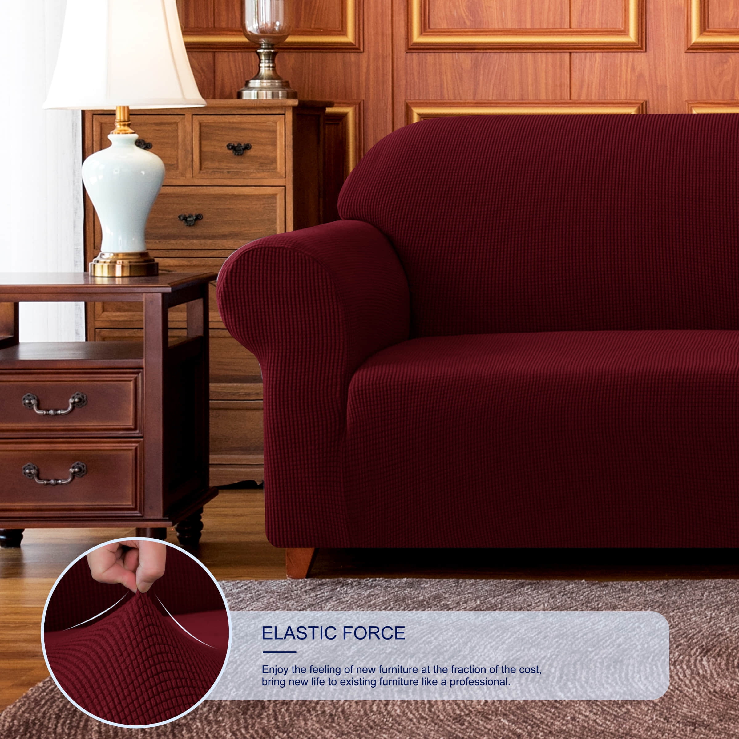 Subrtex Stretch 1-Piece Textured Grid Loveseat Slipcover, Wine