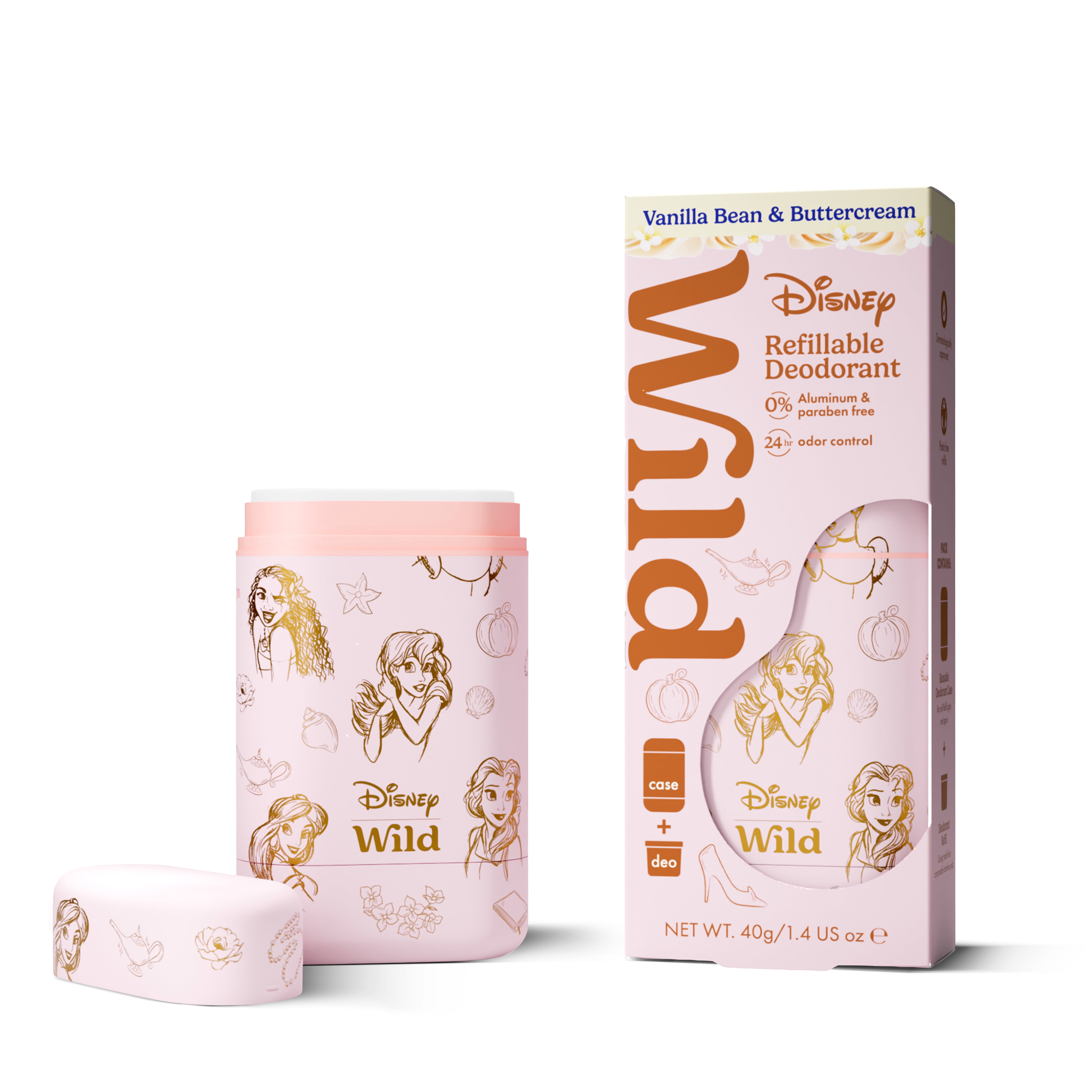 Wild Refillable Deodorant Starter Pack - Aluminum Free. Princess Case + Vanilla Bean & Buttercream, for Women and Men, 1.4oz