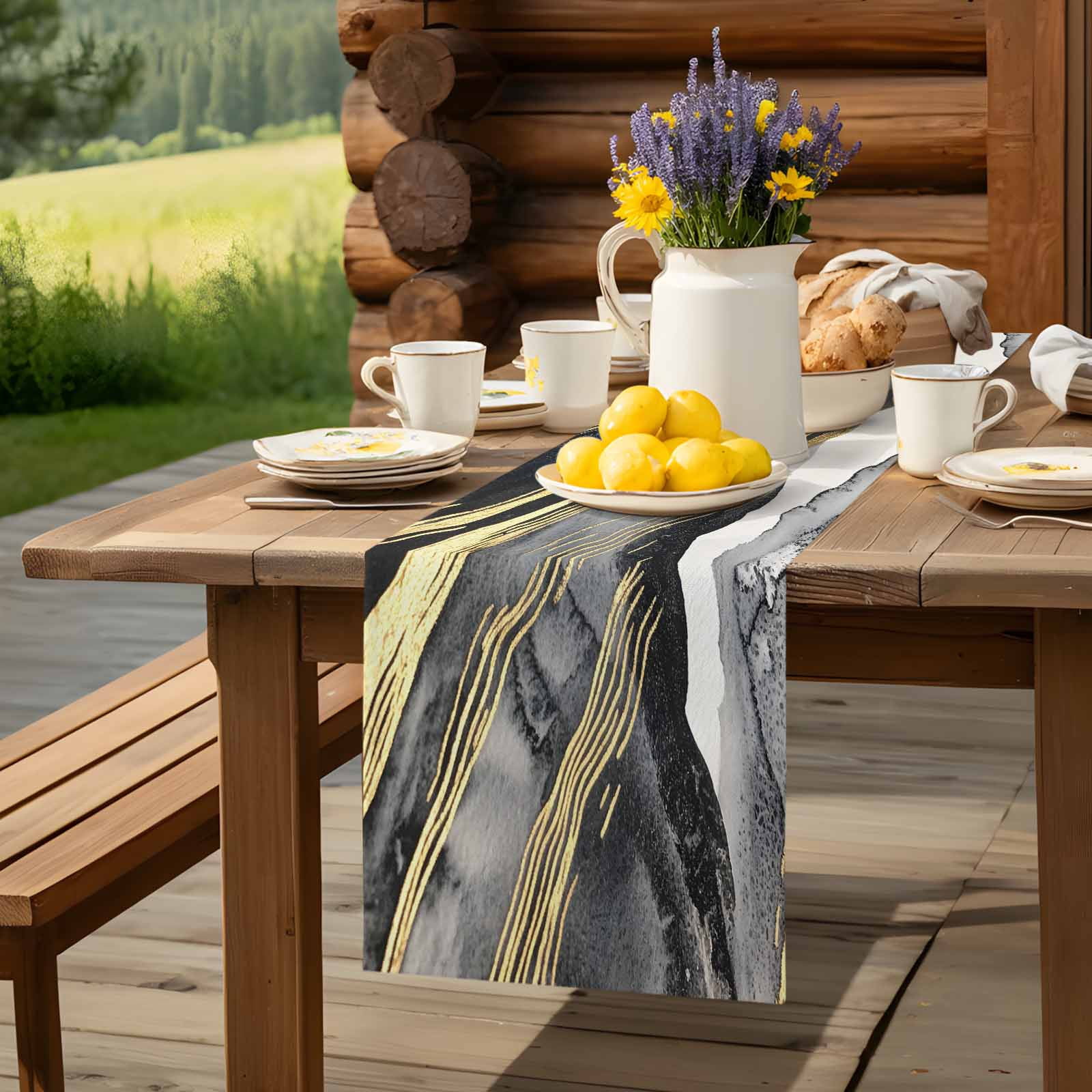 Gray Marble Abstract Stripe Table Runner 90 Inches Long, Gold Foil Modern Luxury Table Runners Tabletop Scarf Kitchen Dining Tables Decoration for Home Party Indoor Outdoor