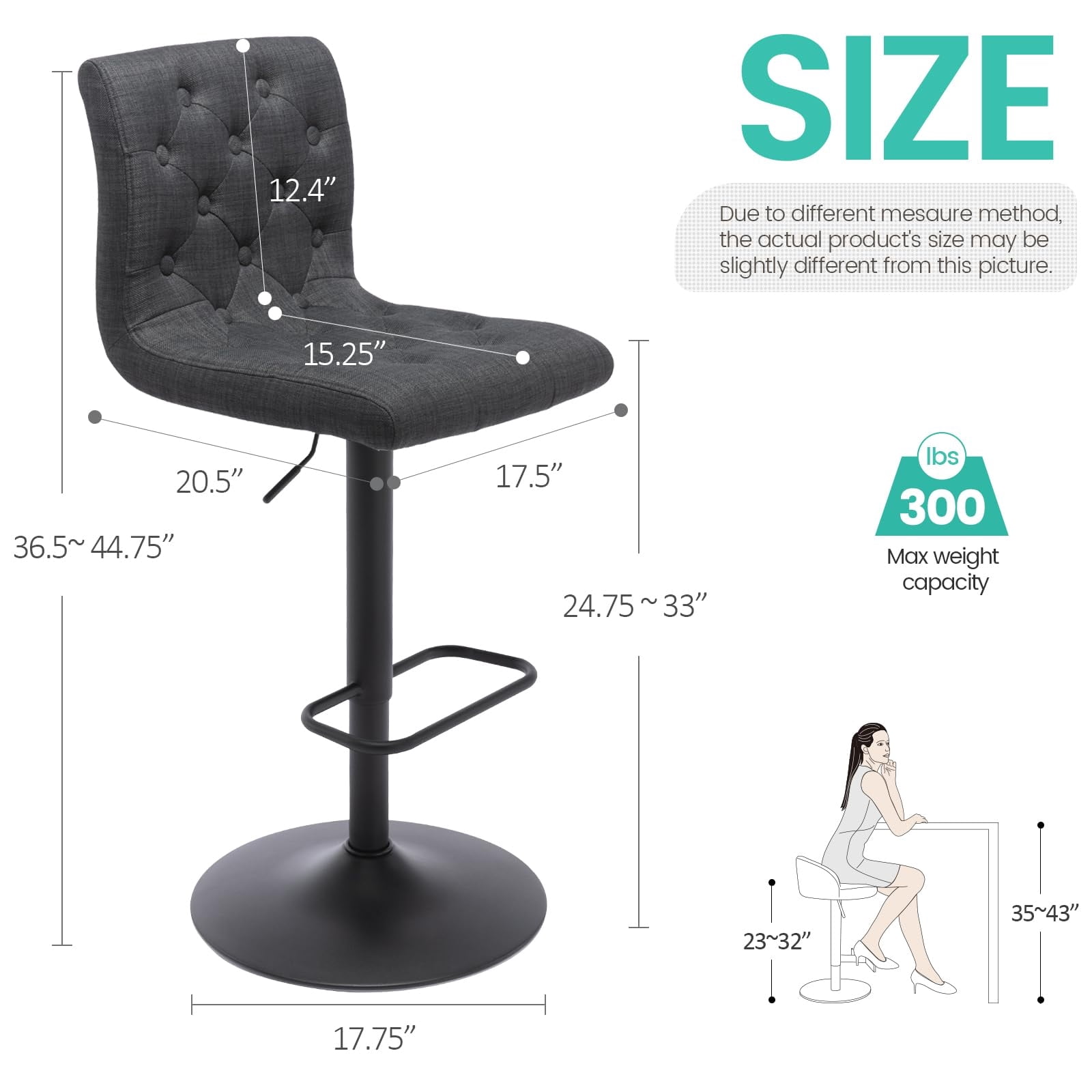 Modern Upholstered Bar Stool with Back Set of 2, Armless 360° Swivel Adjustable Height Linen Padded Bar Chair for Kitchen Island, Dining Room, or Café (Dark Gray)