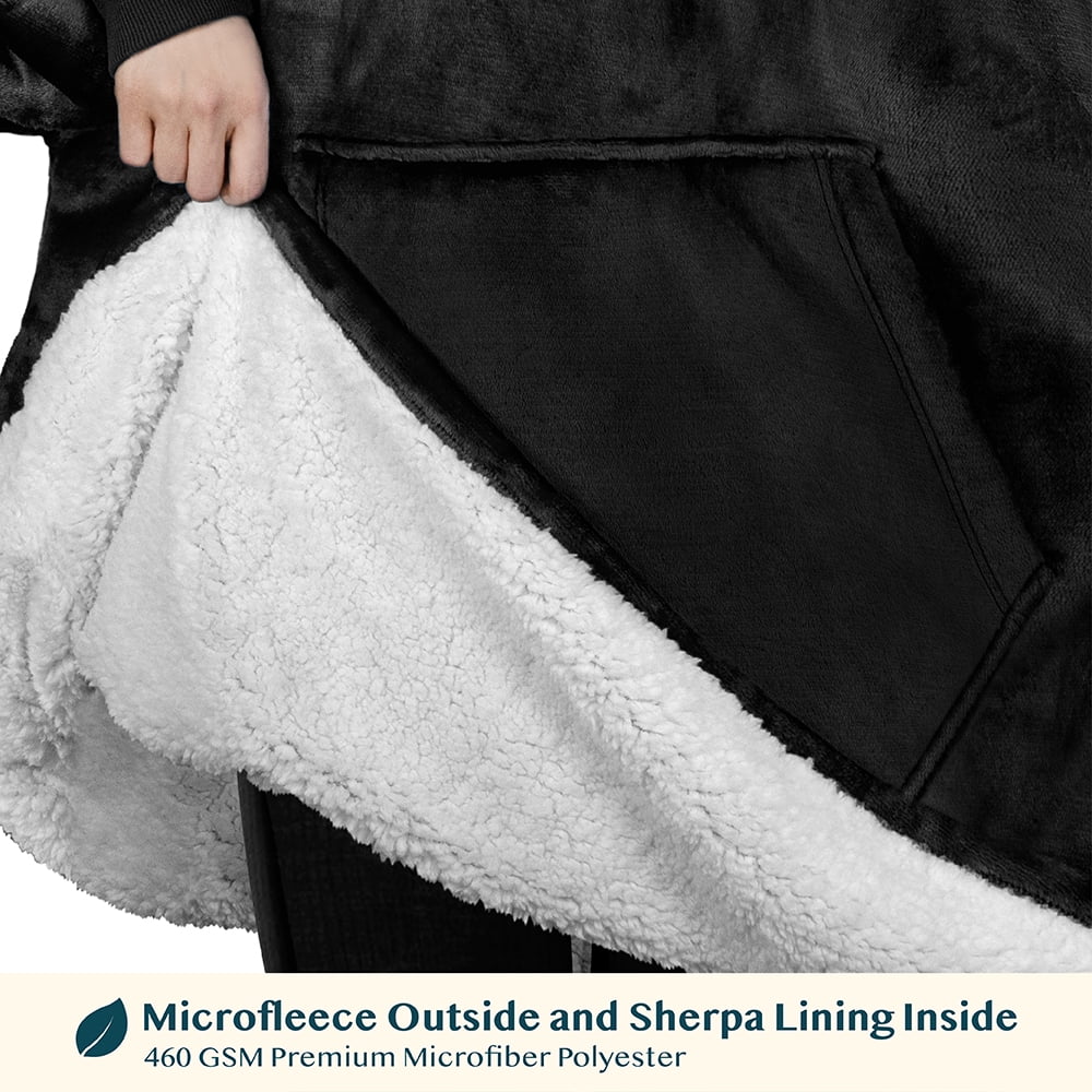 PAVILIA Wearable Blanket Sweatshirt for Kids Boy Girl Black, Warm Cozy Giant Blanket Hoodie, Fleece Sherpa Oversized Blanket Sweatshirt with Sleeves, Big Pocket, Christmas Gift