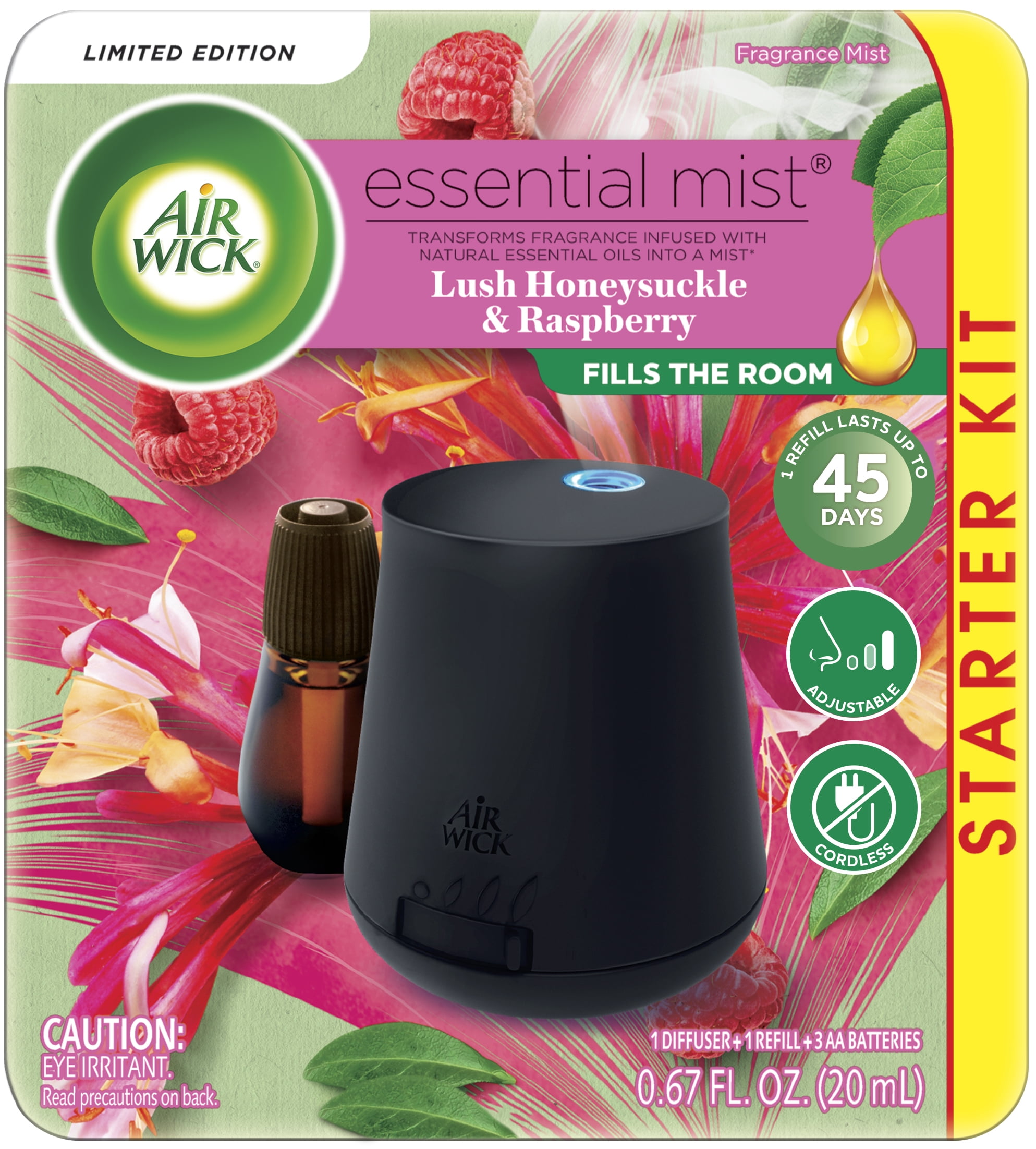 Air Wick Essential Mist Starter Kit (Diffuser + Refill), Lush Honeysuckle & Raspberry, Essential Oils Diffuser, Air Freshener