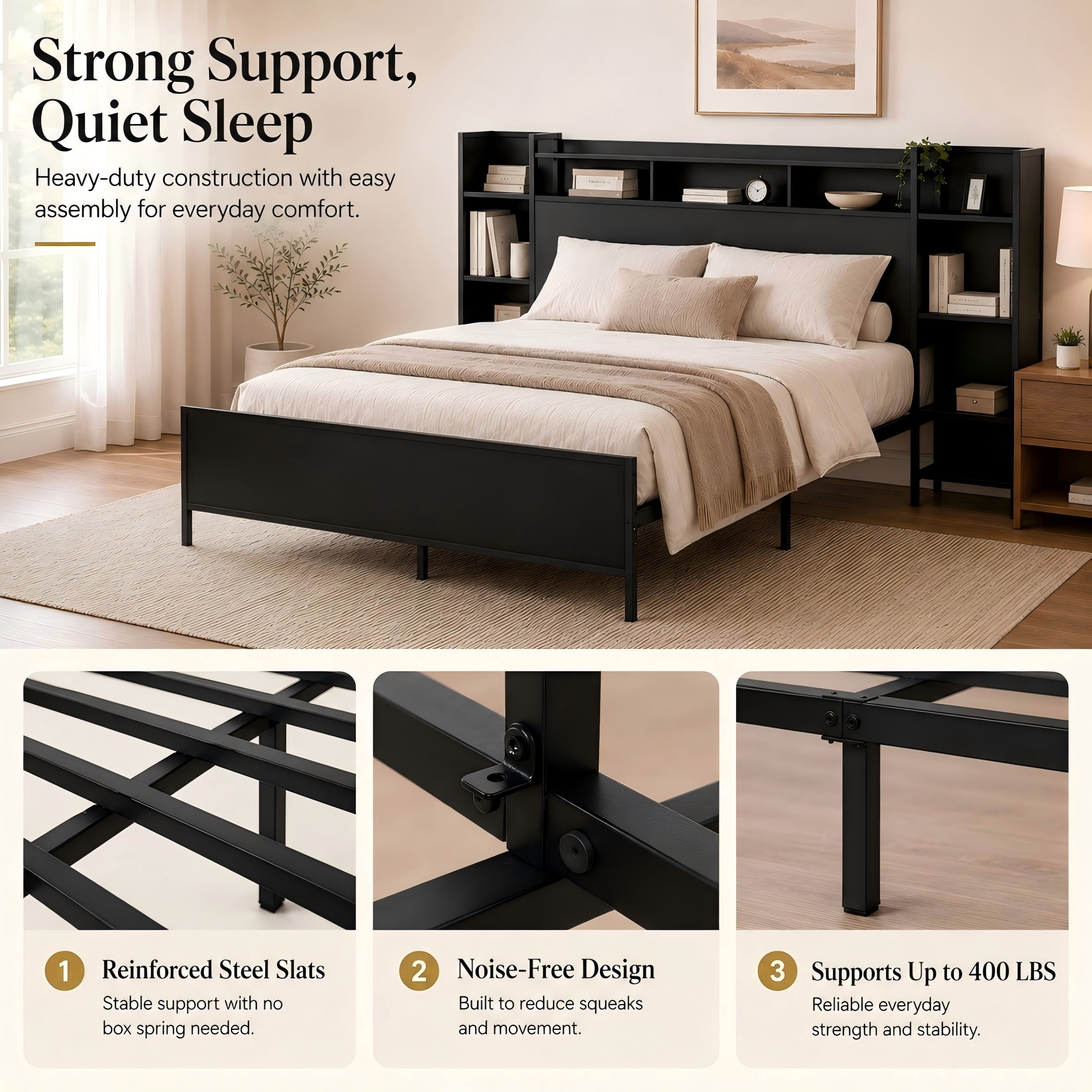 Aukfa Twin Bed Frame with Storage Headboard, USB Charging Station & LED Lights, Heavy Duty Metal Platform Bed with Outlets, No Box Spring Needed, Black