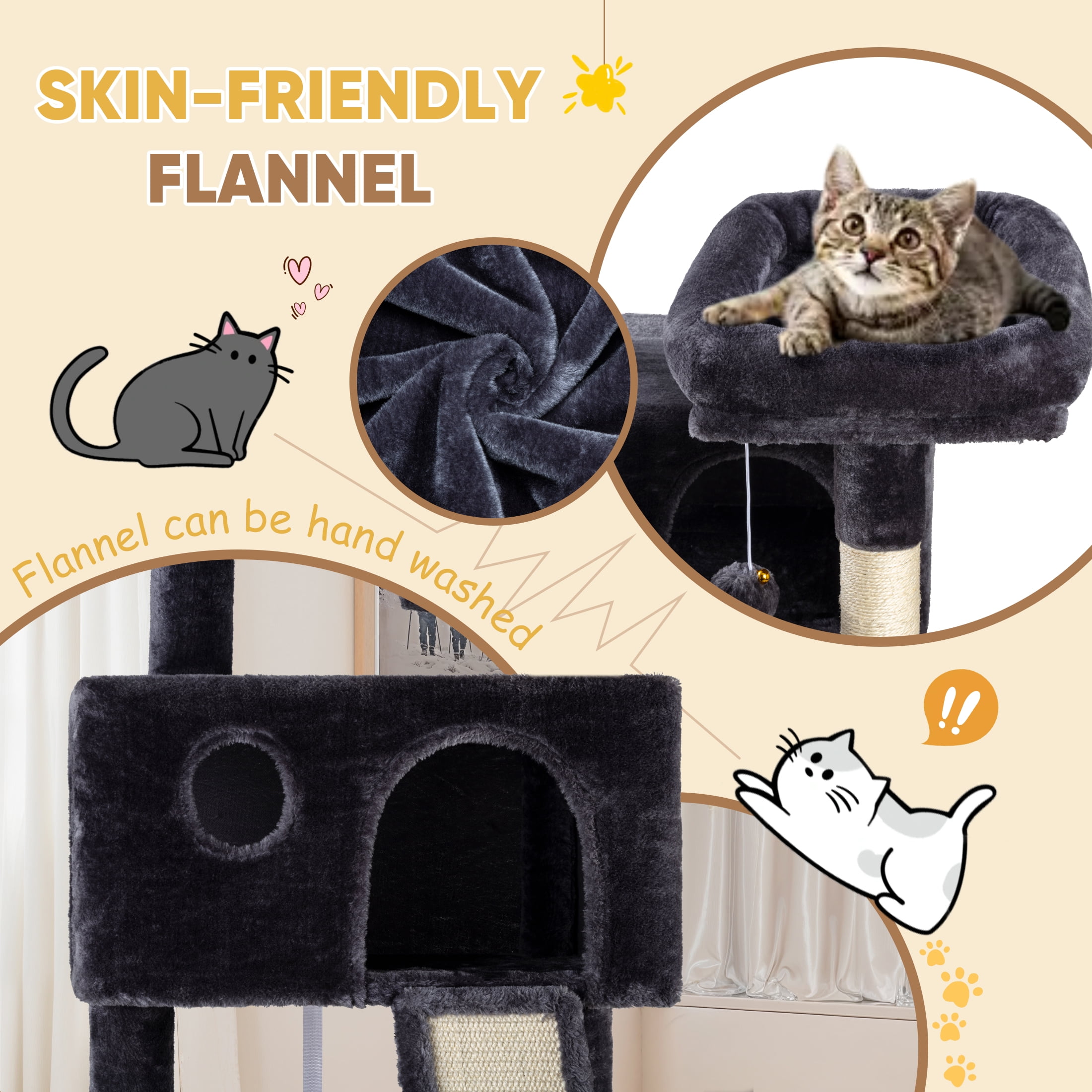 Einfach 65.7" Large Cat Tree and Tower for Cats, Condo House with Hammock, 2 Scratching Boards & 5 Scratching Posts, Dark Blue