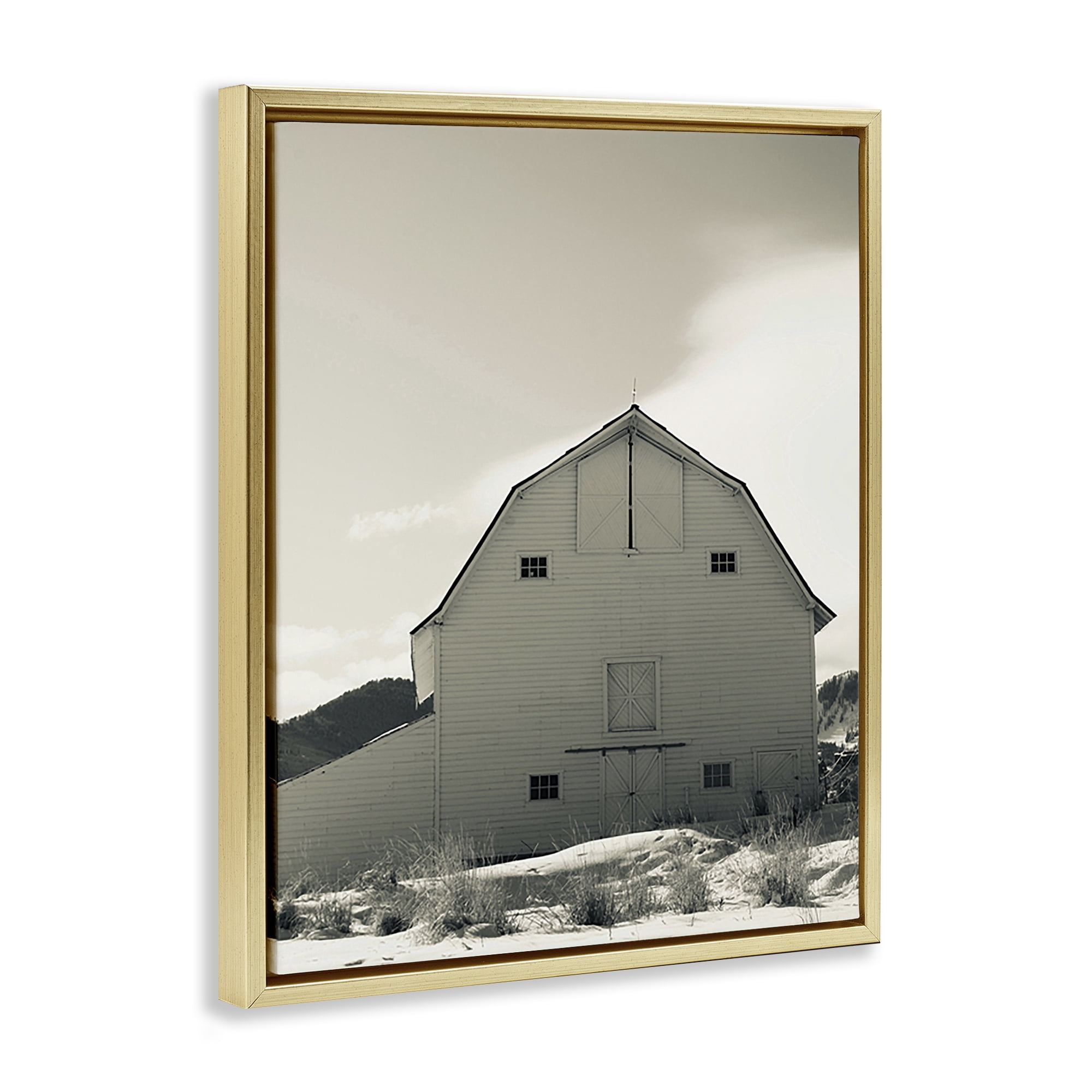 Stupell Industries Monochromatic Winter Barn Nautical & Beach Photography Gold Floater Framed Canvas Art Print Wall Art, 17 x 21