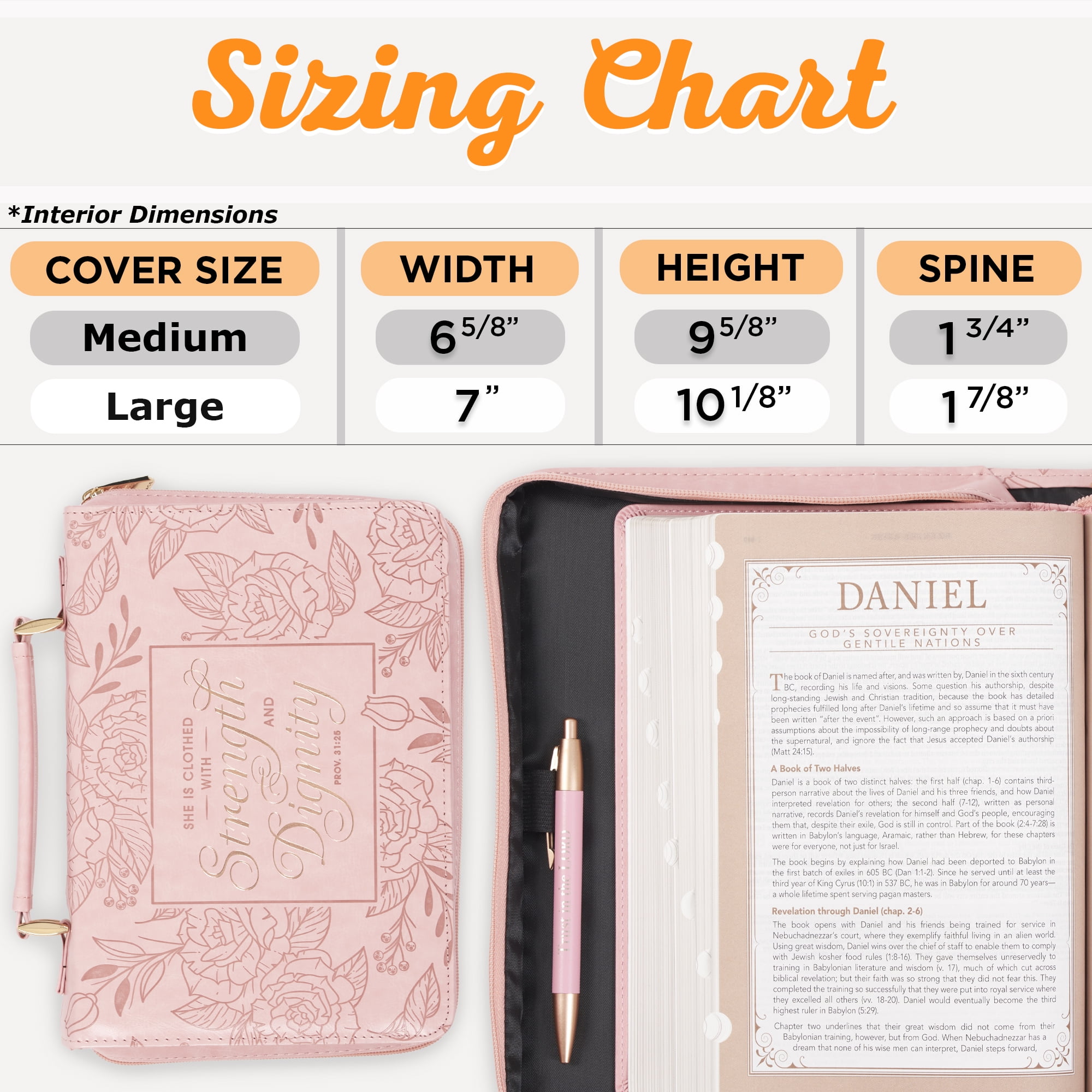 Christian Art Gifts Premium Vegan Leather Fashion Floral Bible Cover for Women: Strength & Dignity - Prov. 31:25 Inspirational Scripture Verse Carry Case w/Pockets & Pen Storage, Pink & Gold, Large