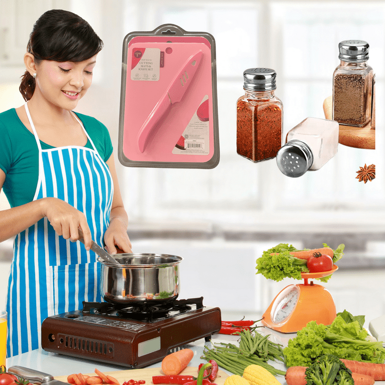 Set of 4 pc Kitchen Cutting Board Mats Slip Grip and Knife Pink Color  Utensils and 2pc set of Salt and Pepper Shaker Glass Condiments Container  for