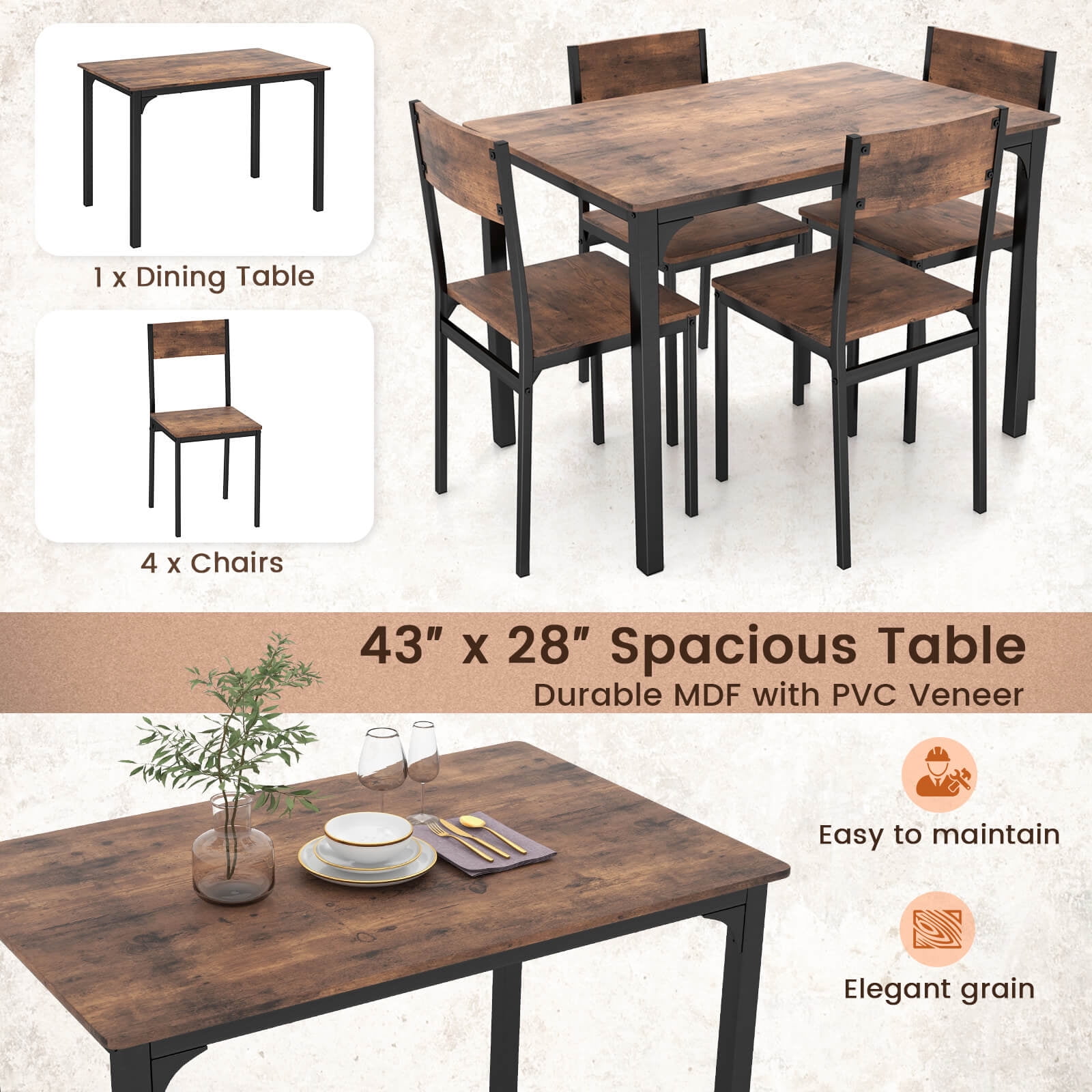 Costway 5 PCS Dining Table Set Industrial Style Kitchen Table & Chairs for 4 Gray