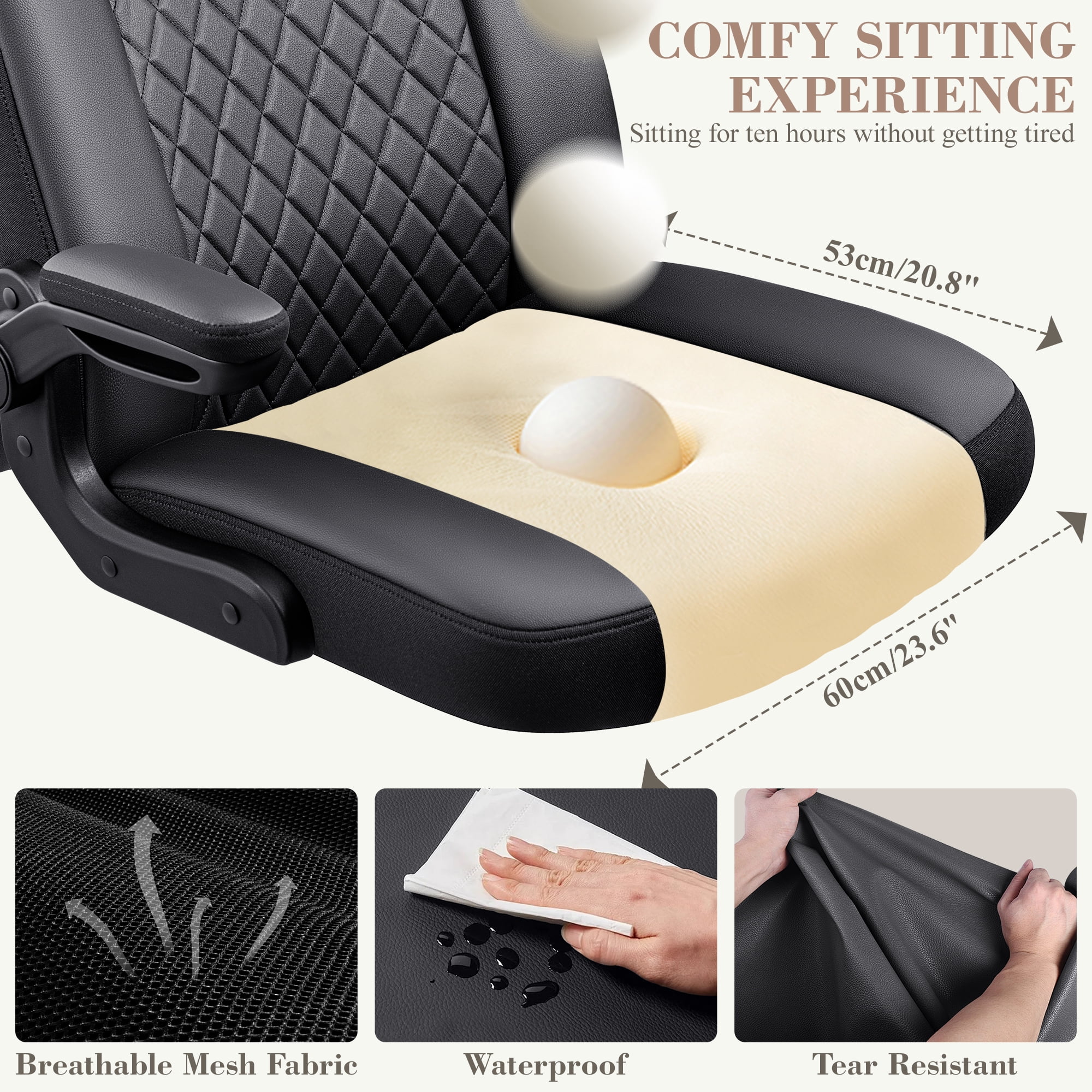 Primy Criss Cross Office Chair with 2-in-1 Flip Backrest, Ergonomic PU Leather Floor Sitting Chair, 360° Swivel Flip-Up Arms, Extra-Wide Seat