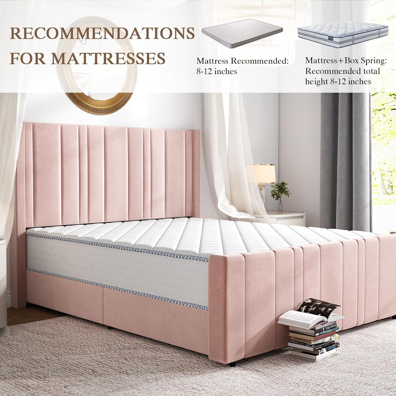 4 EVER WINNER Full Size Bed Frame, Velvet Upholstered Platform Bed Frame with Headboard, White Full Bed Frame, White
