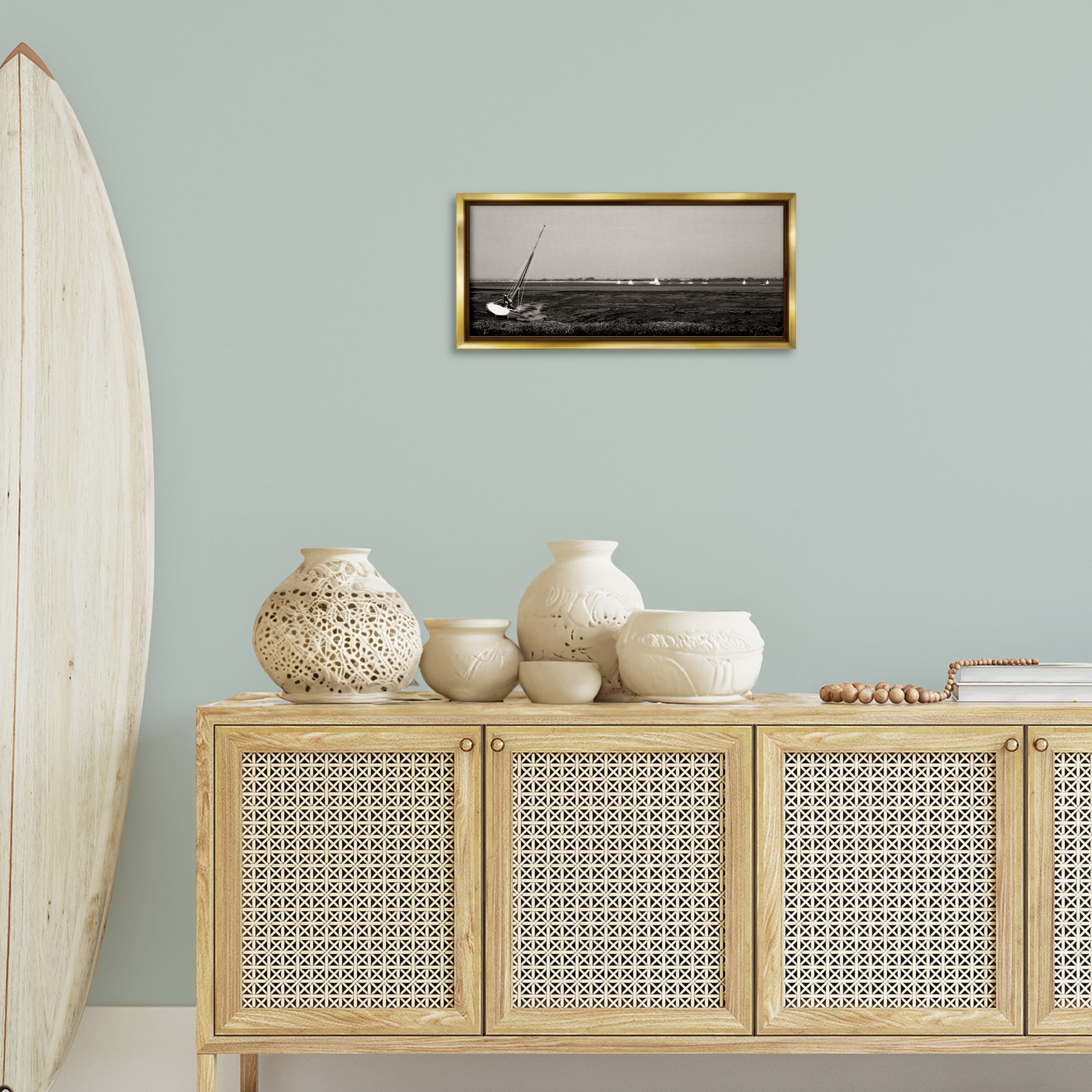 Stupell Industries Boating Towards Hayling Coastal Photography Gold Floater Framed Canvas Art Print Wall Art, 25 x 11