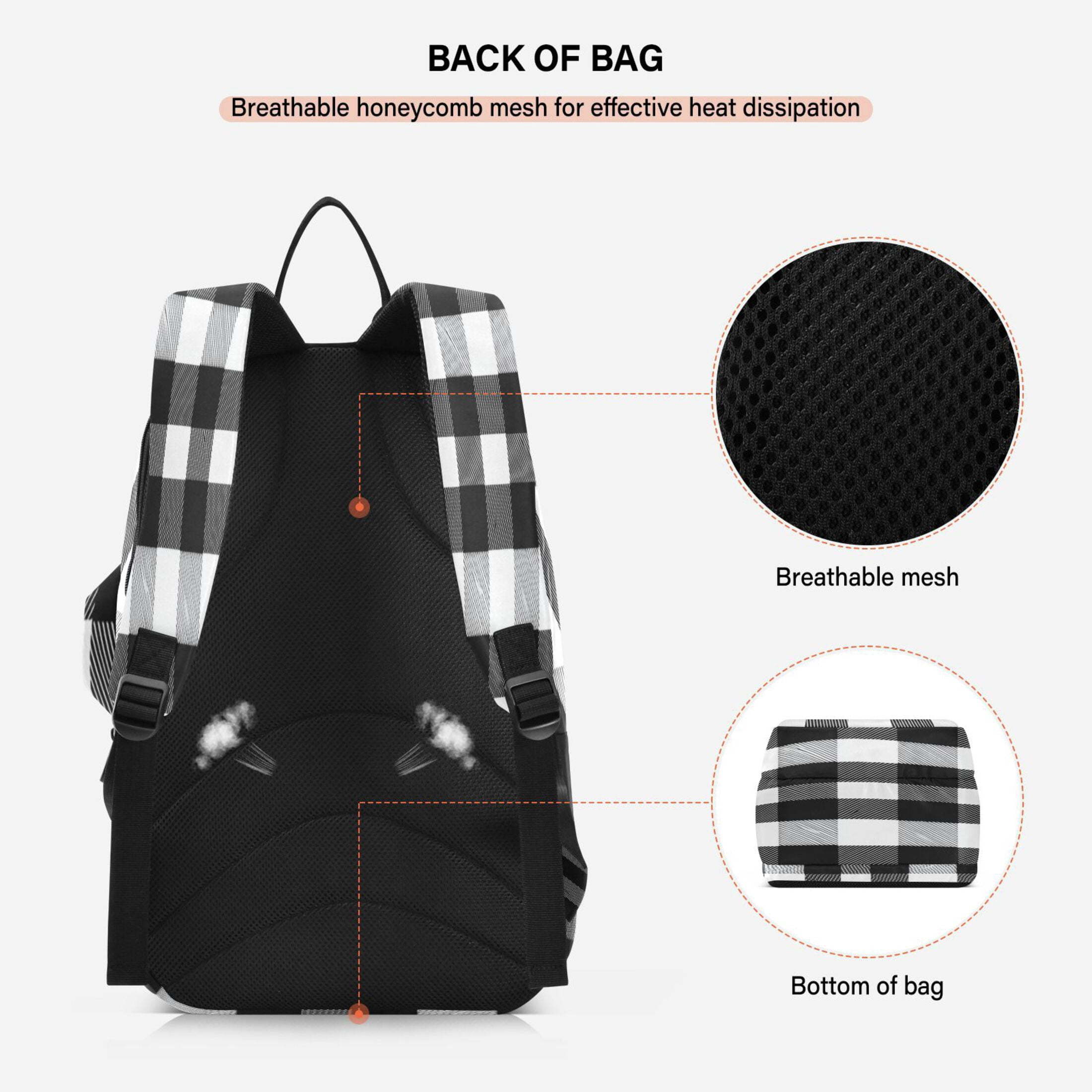 2 Racquet Holder Tennis Backpack Tennis Racket Covers Gym Bags Black White Plaid Pattern