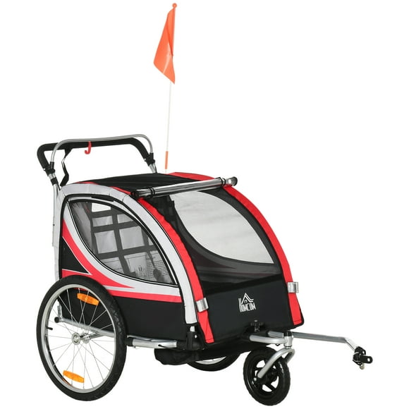 Aosom Child Bike Trailer with Storage, 5 Point Harness, Baby Stroller Red