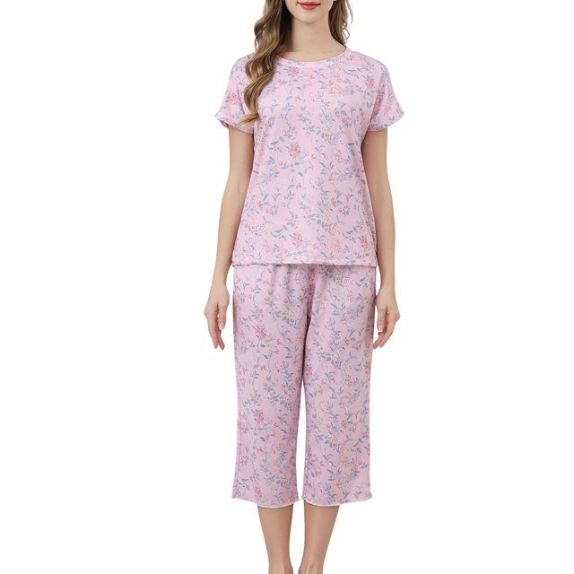 Jamicy Tenue d'Intérieur pour Femmes, Ensemble de Hauts à Manches Courtes Imprimés avec Pantalon Long, Cordon de Serrage, Confortable, Col Rond, Ensemble de Vêtements de Maison