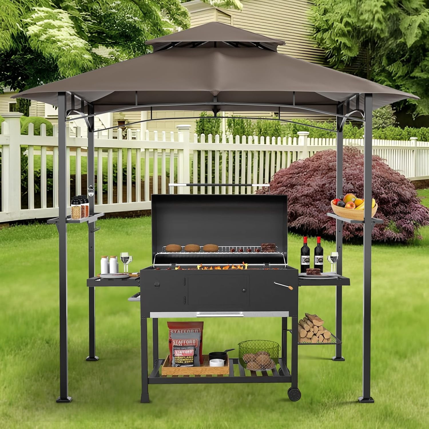 SUNCROWN Outdoor Grill Gazebo 8 x 5, Patio Double Tiered BBQ Canopy w/Air Vent, Gazebo Canopy with 8 Hook Tools for Barbecue Picnic Garden, Backyard, Poolside, Brown